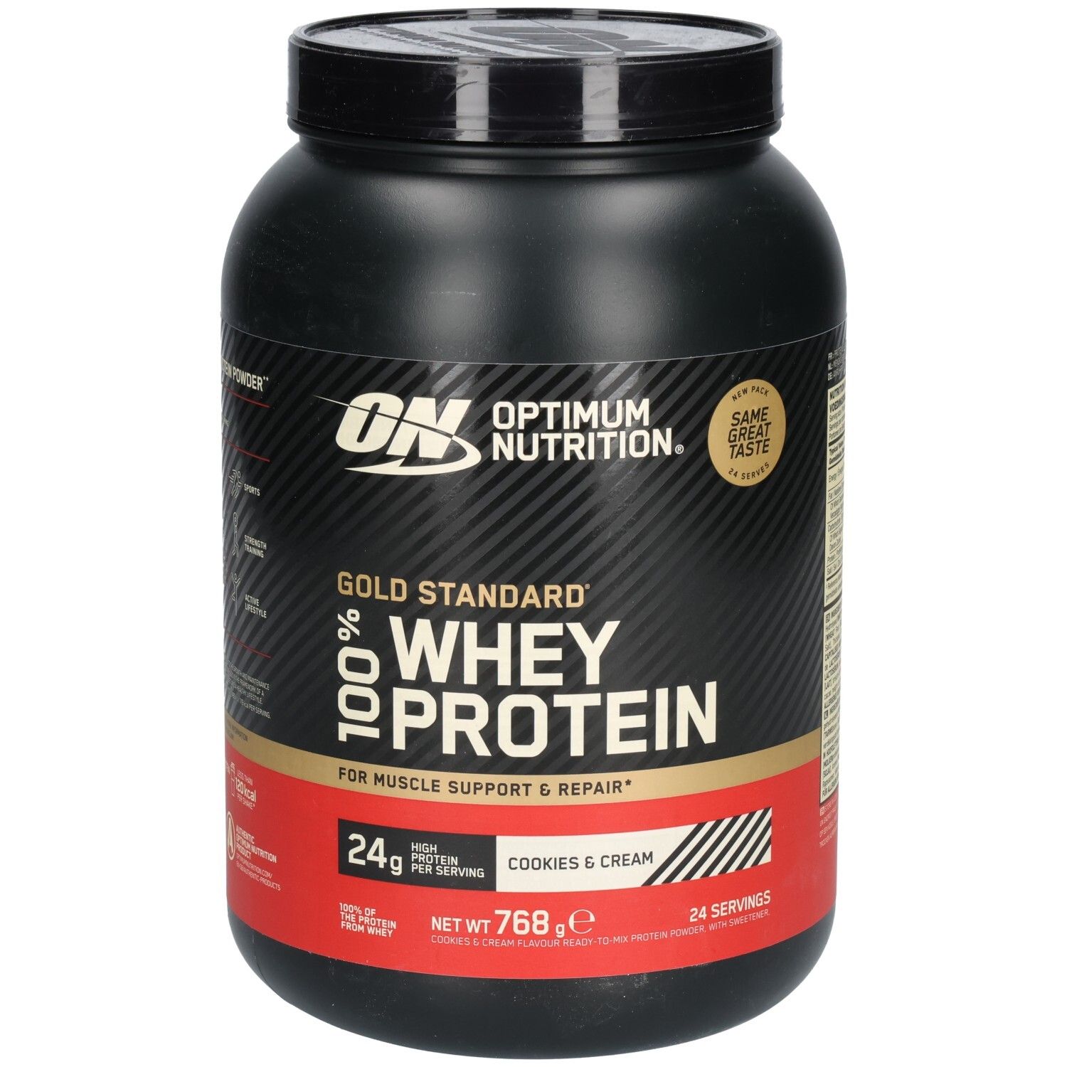Pot de protéine Optimum Nutrition Whey, noir. Inscription : Gold Standard 100% Whey Protein, Cookies & Cream. 768g. 24 portions.