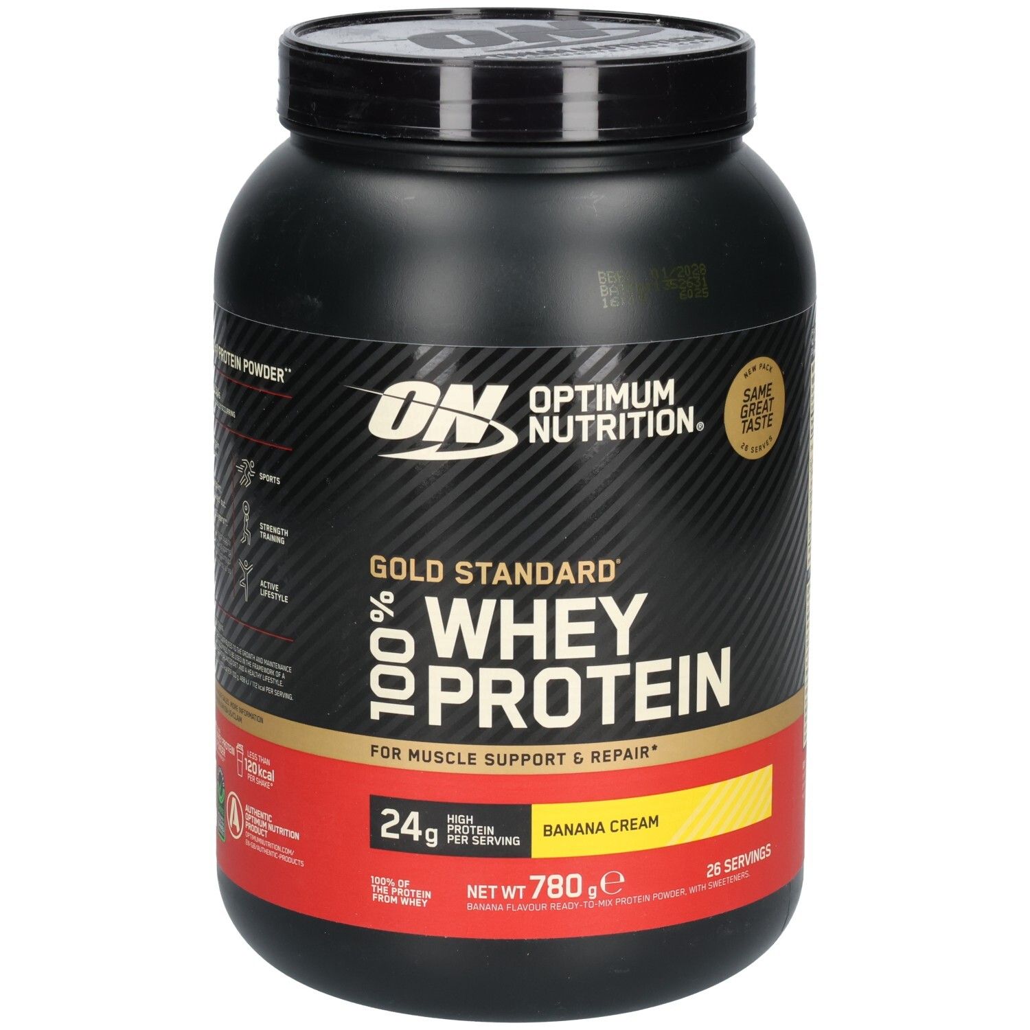 Pot noir OPTIMUM NUTRITION Gold Standard 100% Whey Protein. Inscription: BANANA CREME, 24g protéines, 780g.
