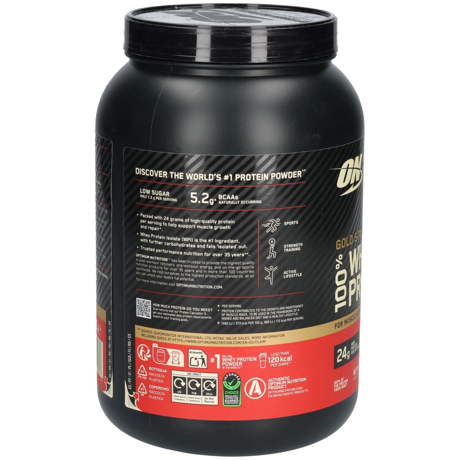 Dos du pot noir OPTIMUM NUTRITION Gold Standard 100% Whey Protein. Informations nutritionnelles et ingrédients.