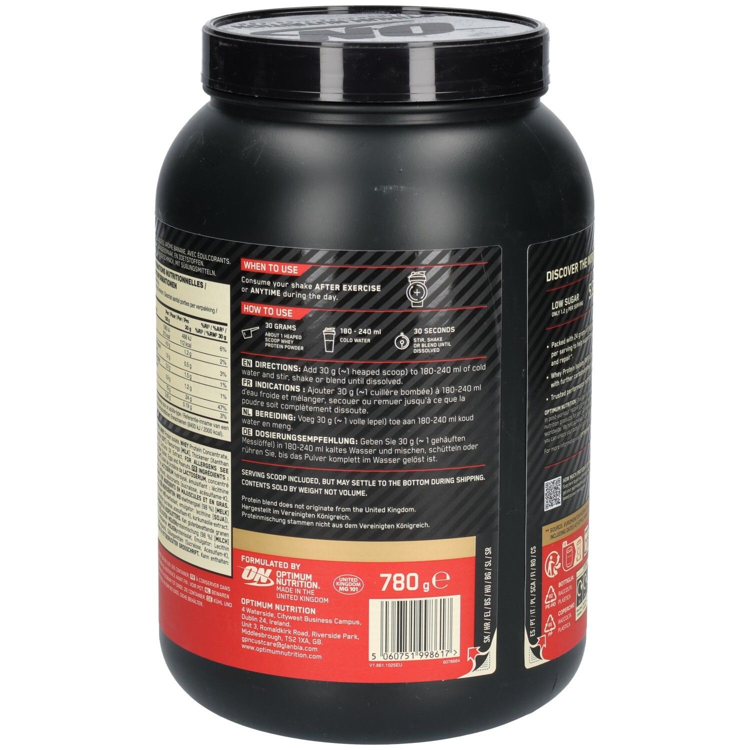 Dos du pot noir OPTIMUM NUTRITION Gold Standard 100% Whey Protein. Mode d'emploi et informations nutritionnelles.