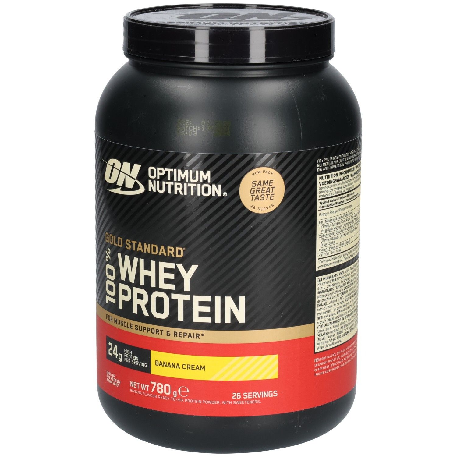 Pot noir OPTIMUM NUTRITION Gold Standard 100% Whey Protein. Inscription: BANANA CREME, 24g protéines, 780g.