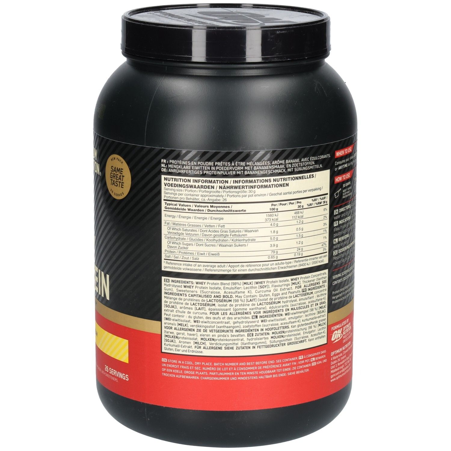 Dos du pot noir OPTIMUM NUTRITION Gold Standard 100% Whey Protein. Informations nutritionnelles et ingrédients.