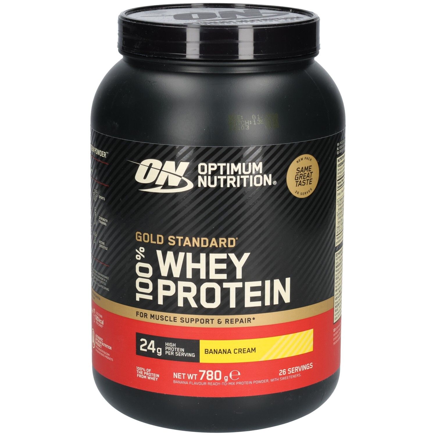 Pot noir OPTIMUM NUTRITION Gold Standard 100% Whey Protein. Inscription: BANANA CREME, 24g protéines, 780g.