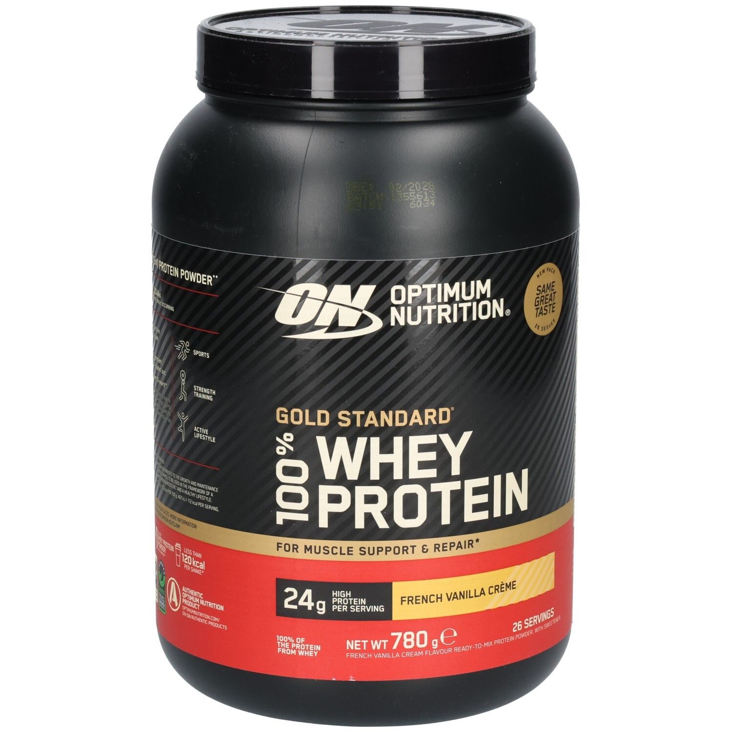 Pot noir avec logo ON et Gold Standard 100% Whey Protein. Inscription: French Vanilla Crème, 780g, 24g protéines par portion.