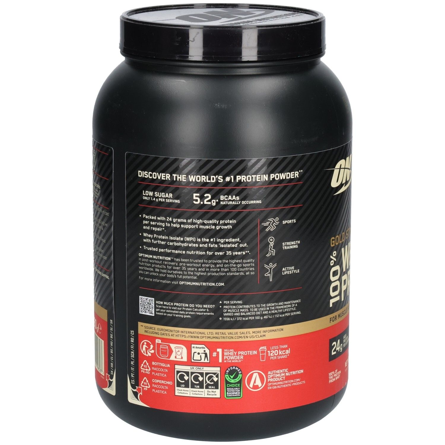 Dos du pot noir. Texte: Discover the world's #1 Protein Powder. Informations nutritionnelles et ingrédients.