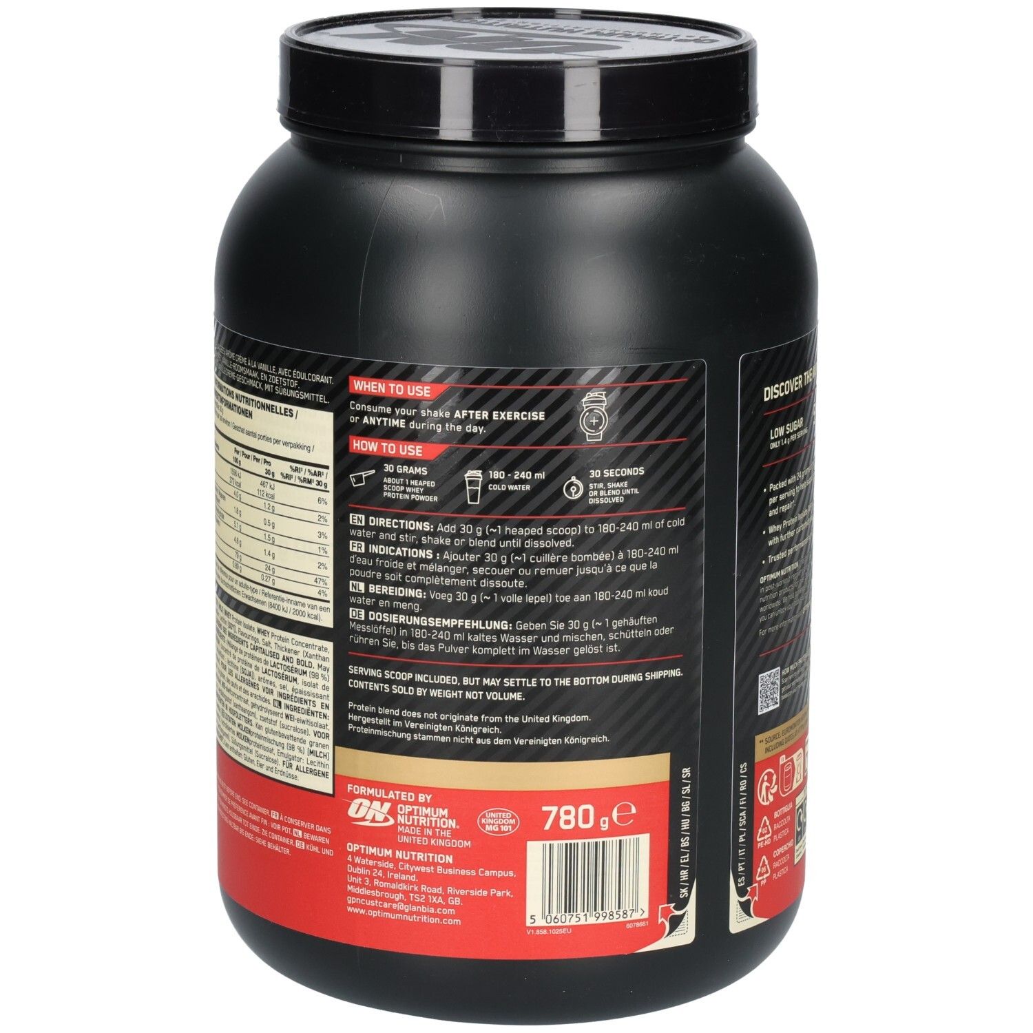 Dos du pot noir. Instructions d'utilisation: mélanger avec de l'eau. Dosage: 30g. Informations de préparation.
