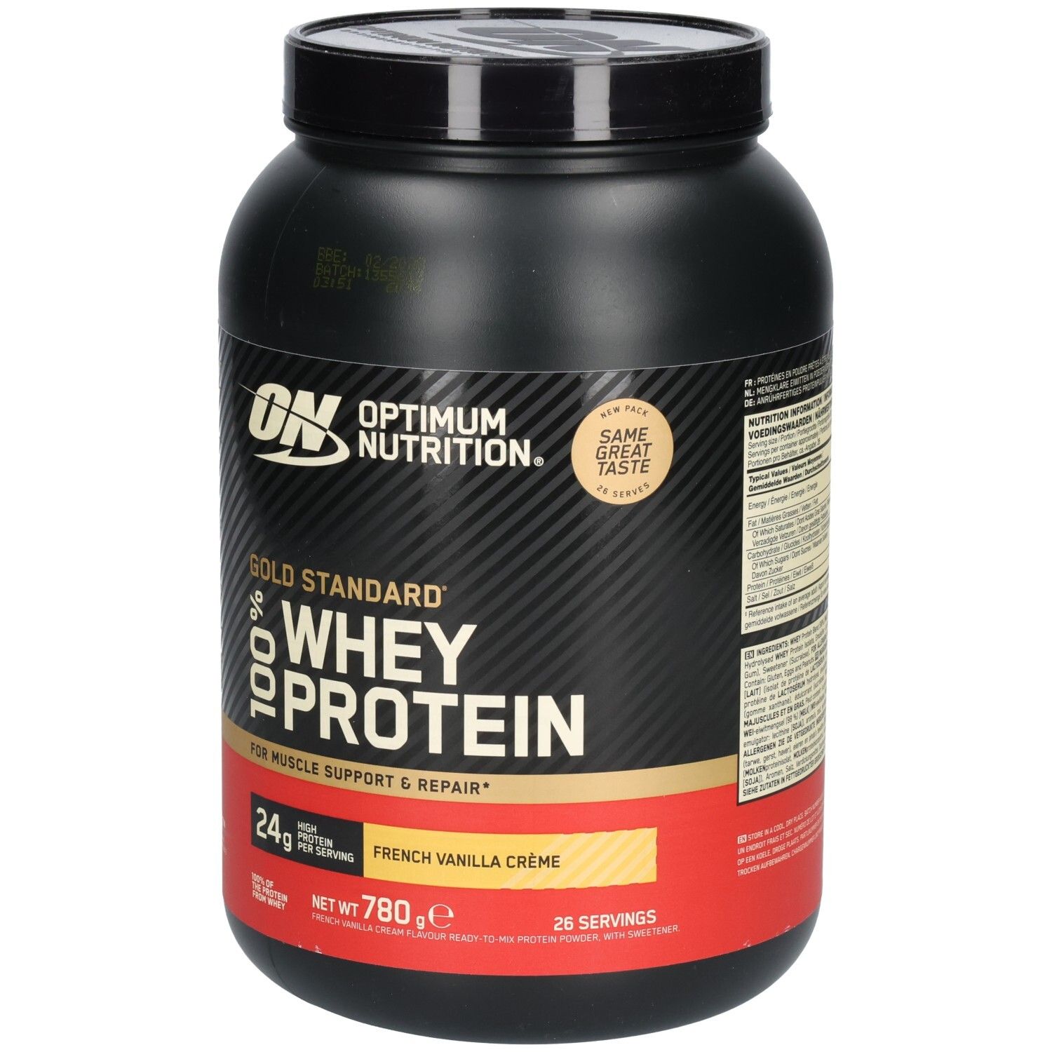 Pot noir avec logo ON et Gold Standard 100% Whey Protein. Inscription: French Vanilla Crème, 780g, 24g protéines par portion.