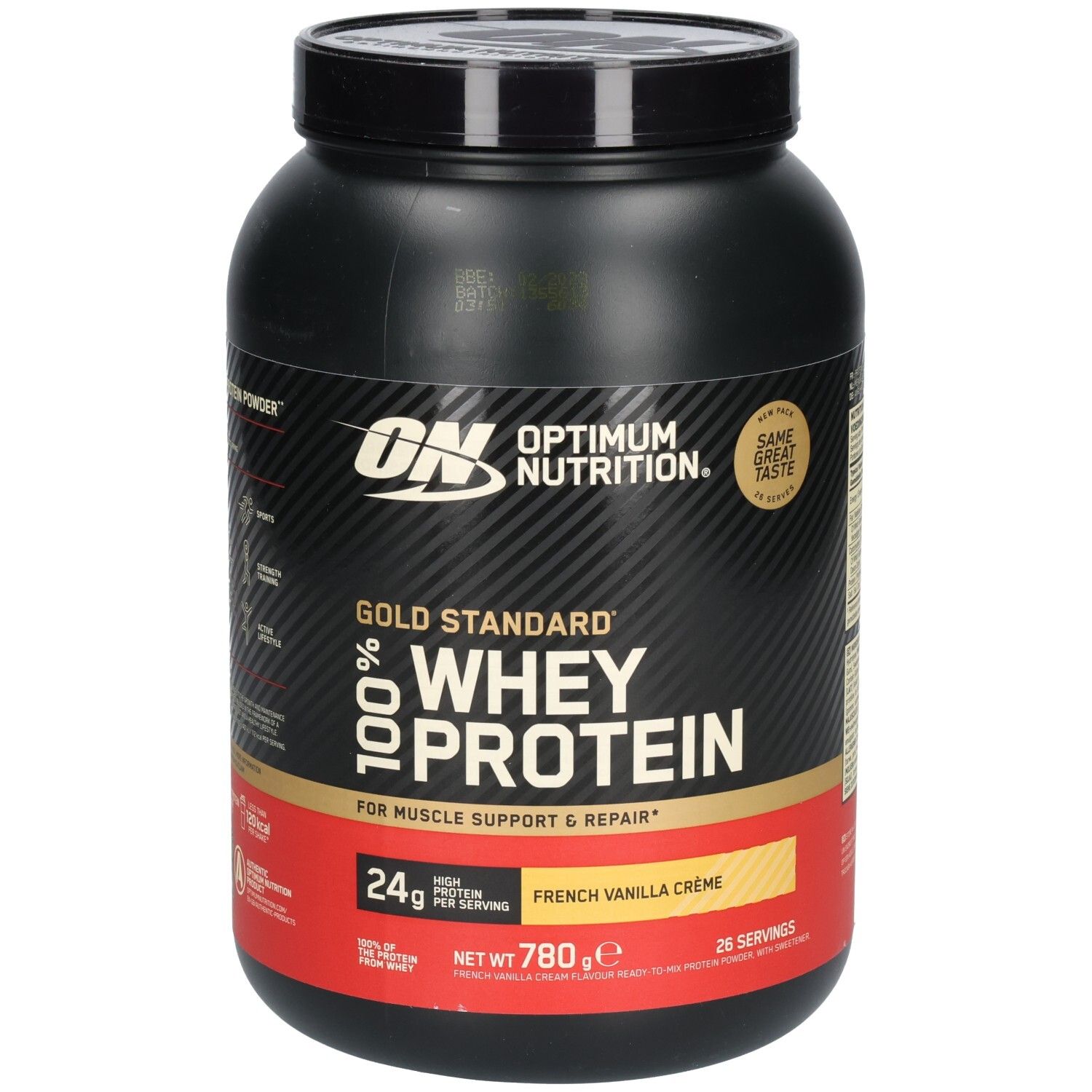 Pot noir avec logo ON et Gold Standard 100% Whey Protein. Inscription: French Vanilla Crème, 780g, 24g protéines par portion.