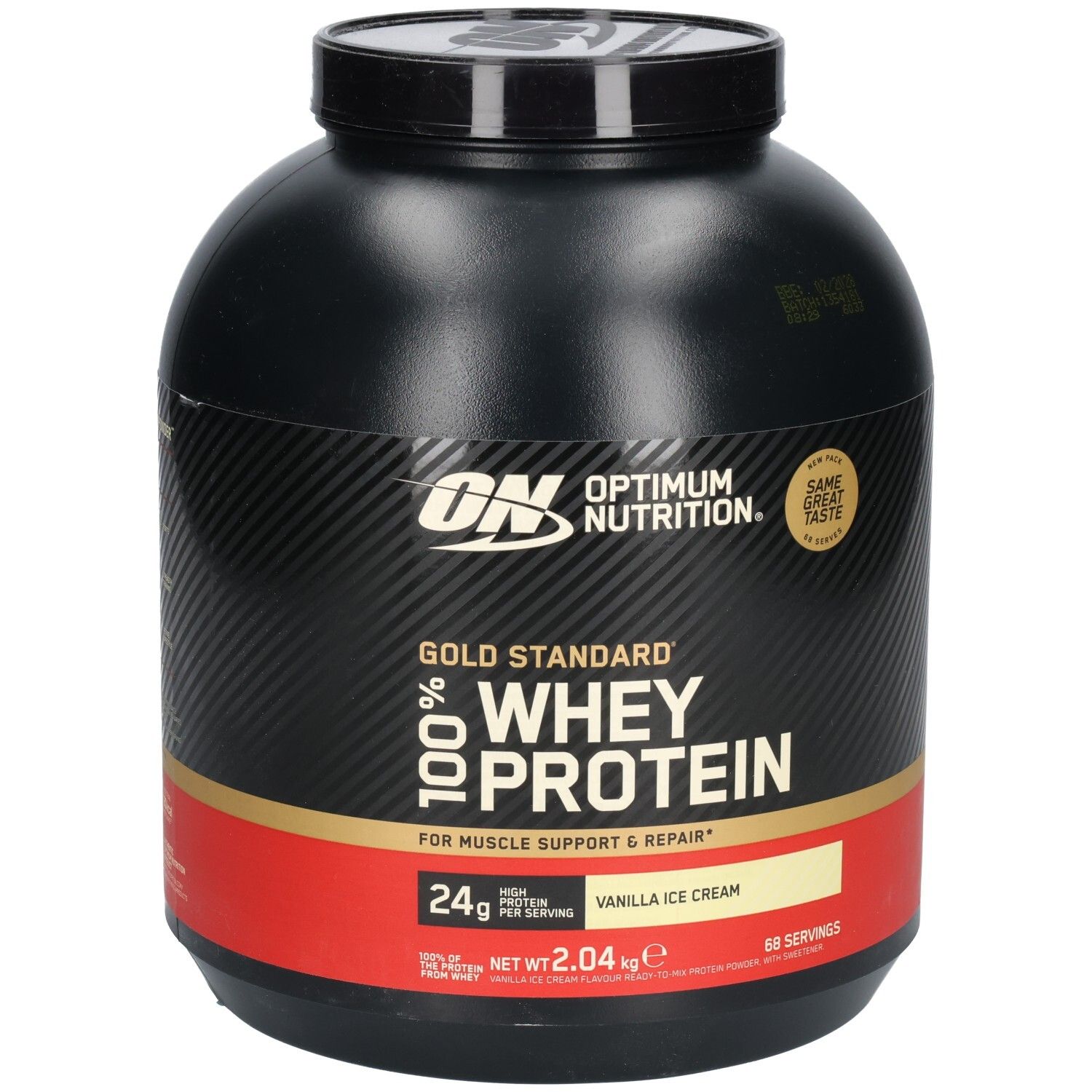 Pot noir de Gold Standard 100% Whey Protein. Bande rouge avec Vanilla Ice Cream. Logo ON.