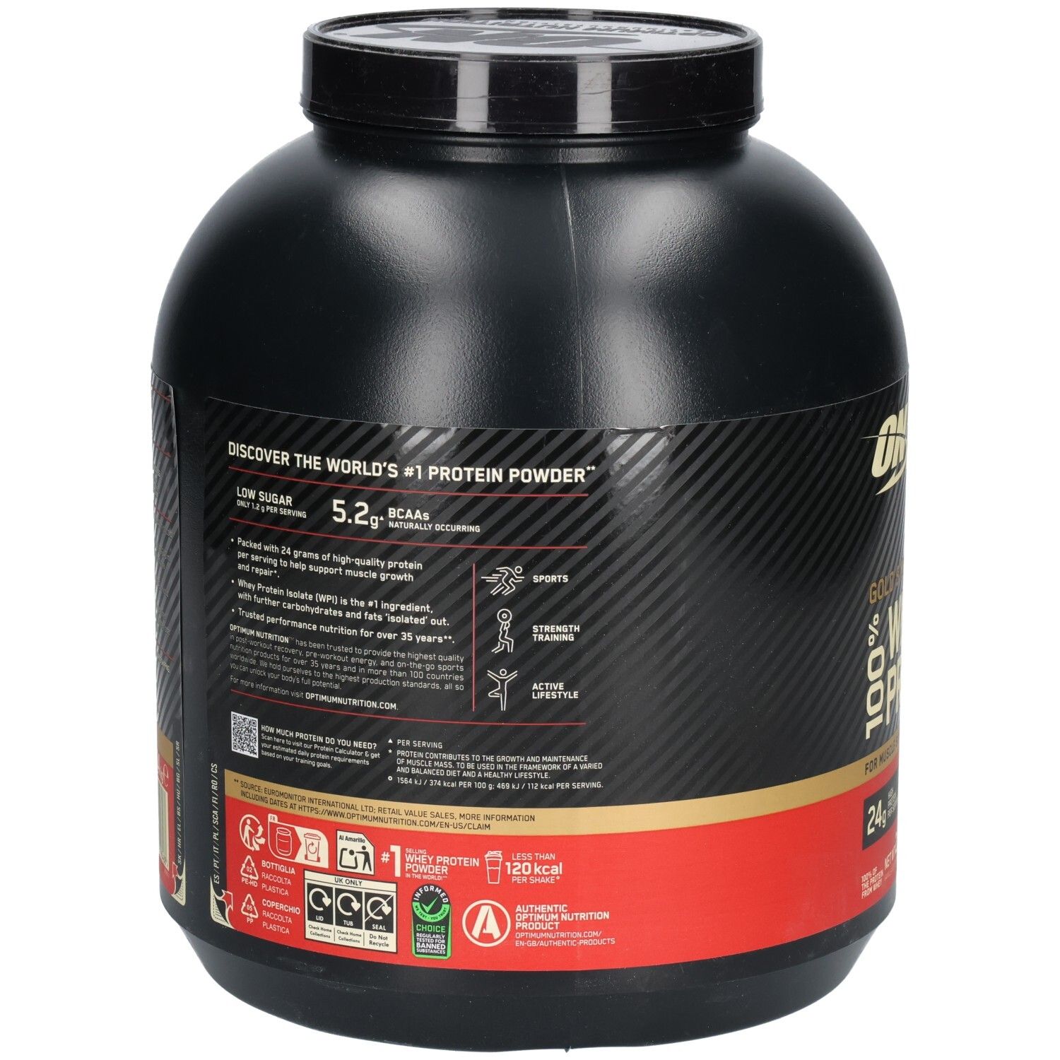 Dos du pot noir. Texte avec informations nutritionnelles. Gold Standard 100% Whey Protein.