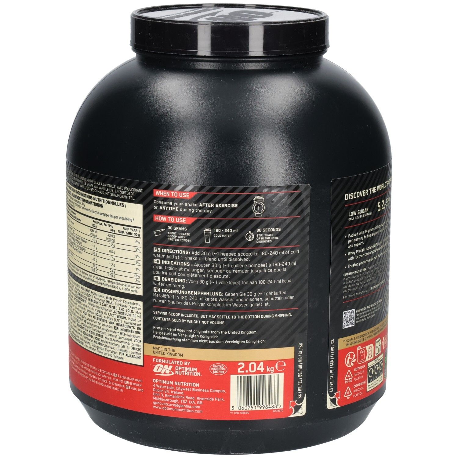 Dos du pot noir. Texte avec informations nutritionnelles. Gold Standard 100% Whey Protein.