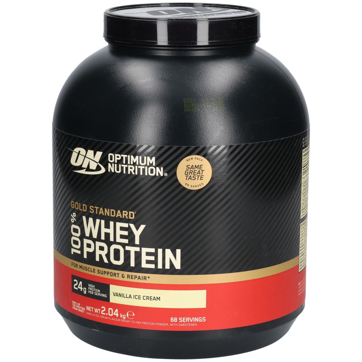 Pot noir de Gold Standard 100% Whey Protein. Bande rouge avec Vanilla Ice Cream. Logo ON.