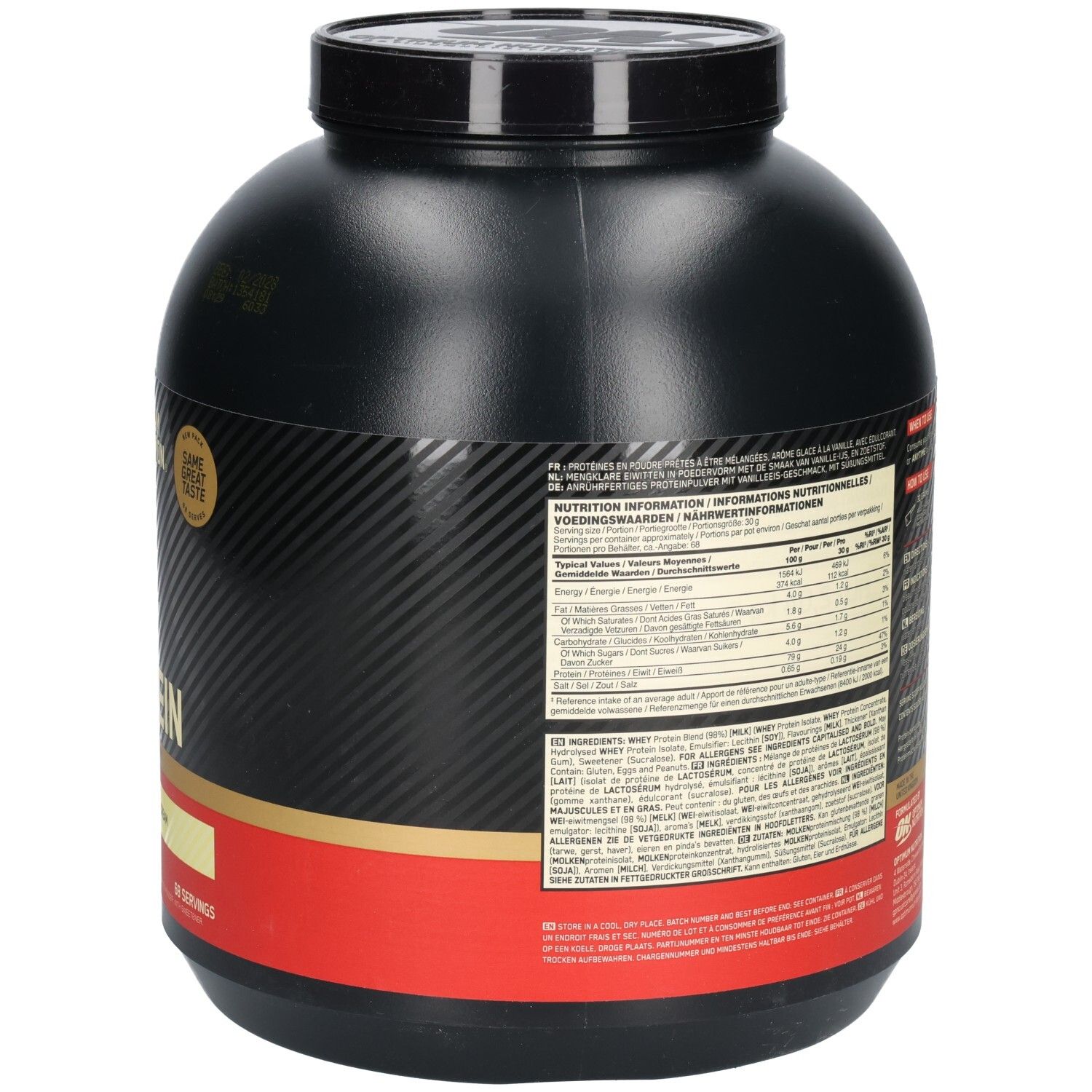 Dos du pot noir. Texte avec informations nutritionnelles. Gold Standard 100% Whey Protein.