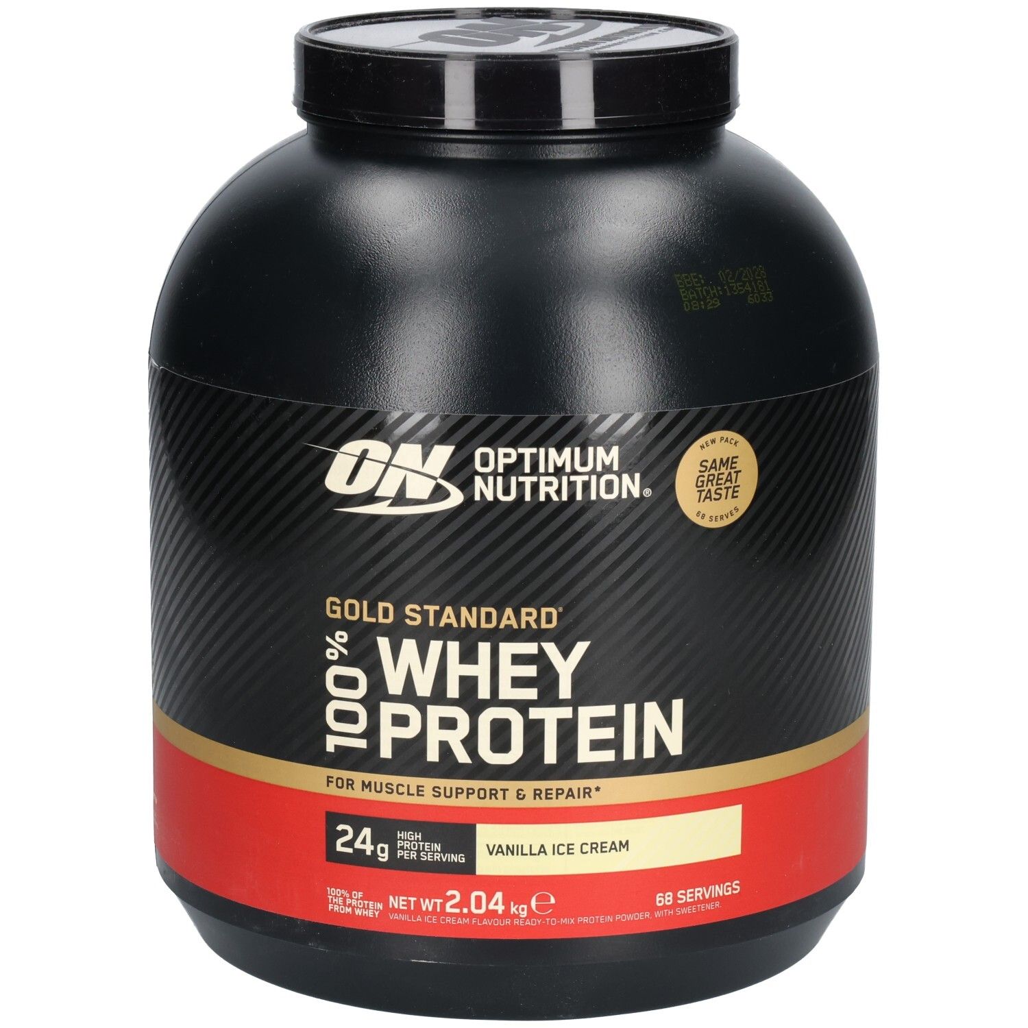 Pot noir de Gold Standard 100% Whey Protein. Bande rouge avec Vanilla Ice Cream. Logo ON.
