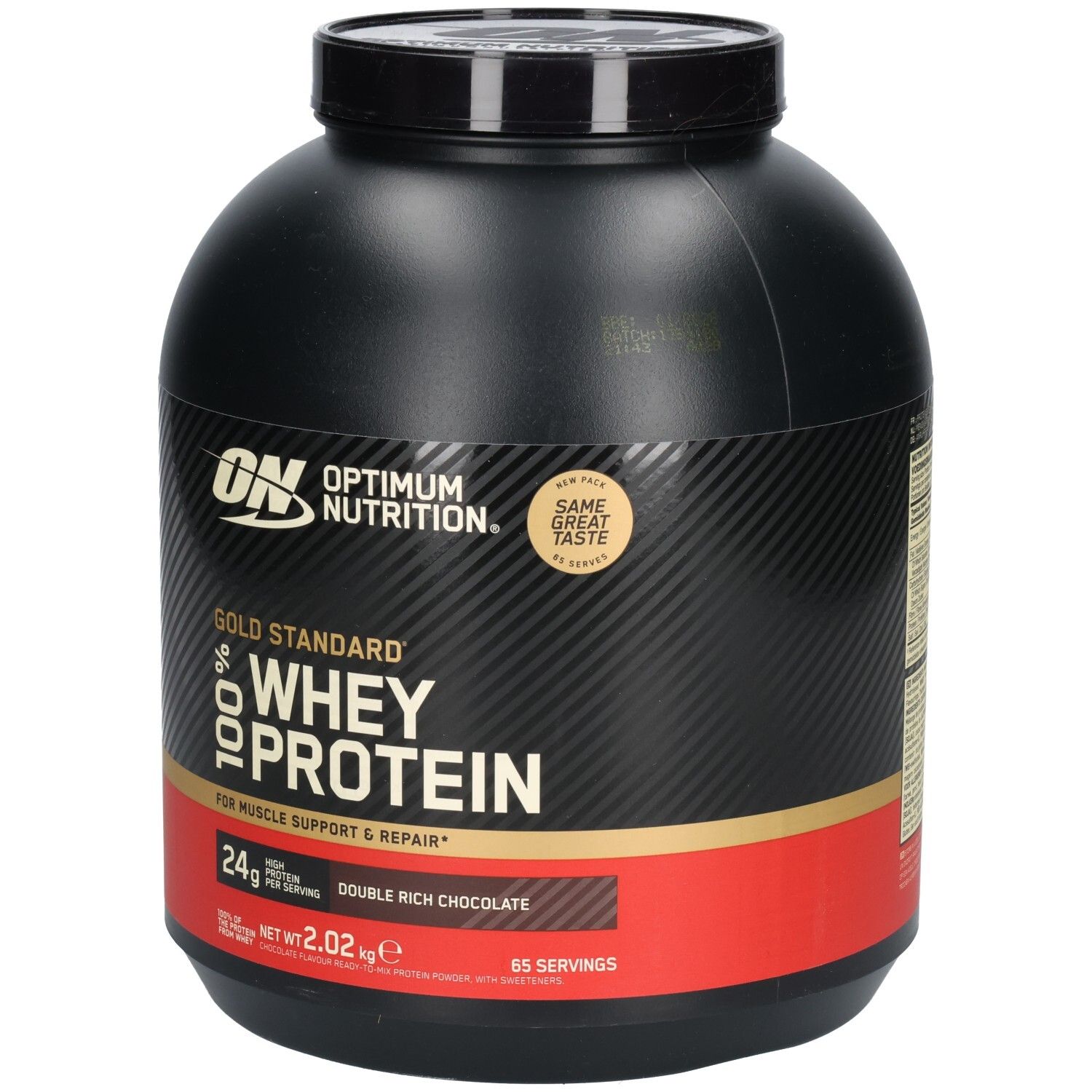 Conteneur noir avec texte doré et rouge. Contient de la protéine de lactosérum. Marque : Optimum Nutrition.