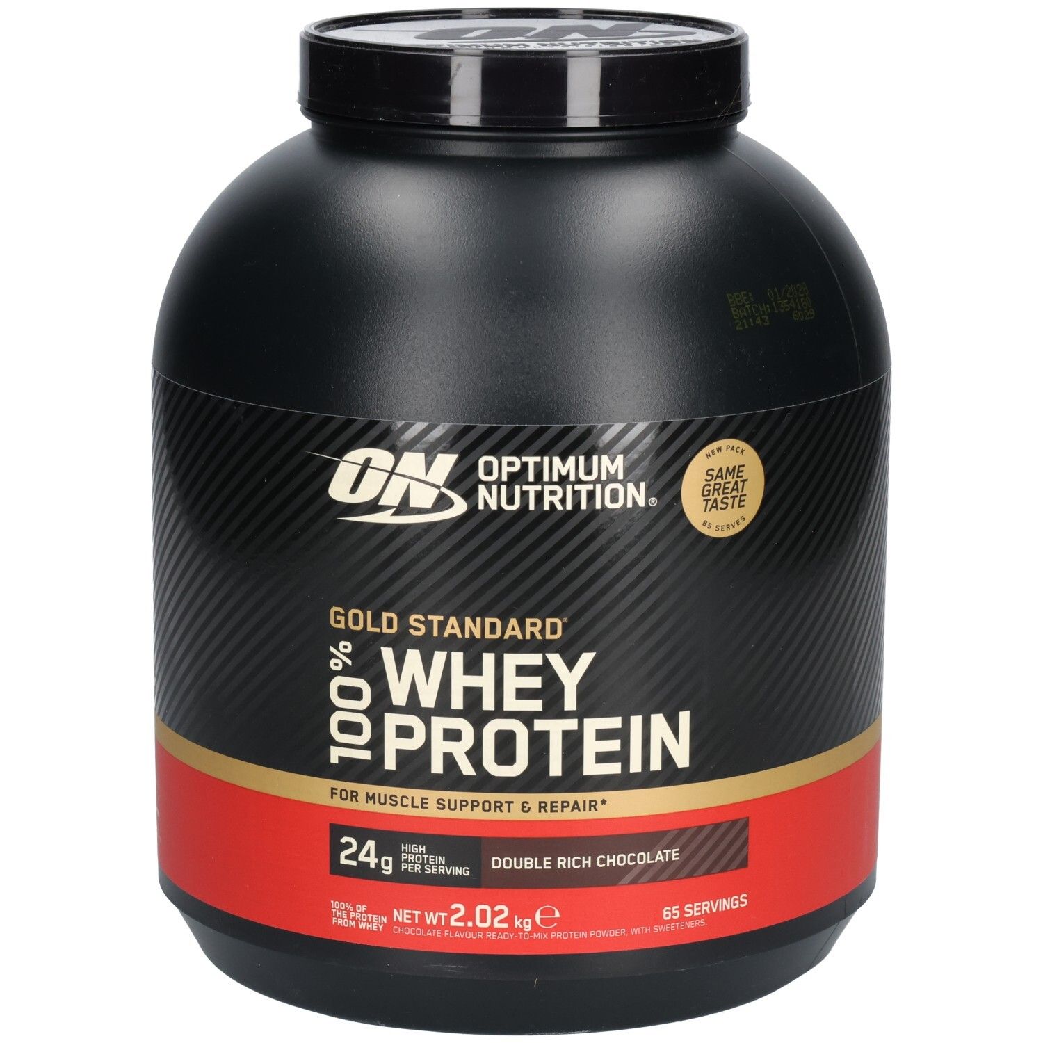 Conteneur noir avec texte doré et rouge. Contient de la protéine de lactosérum. Marque : Optimum Nutrition.