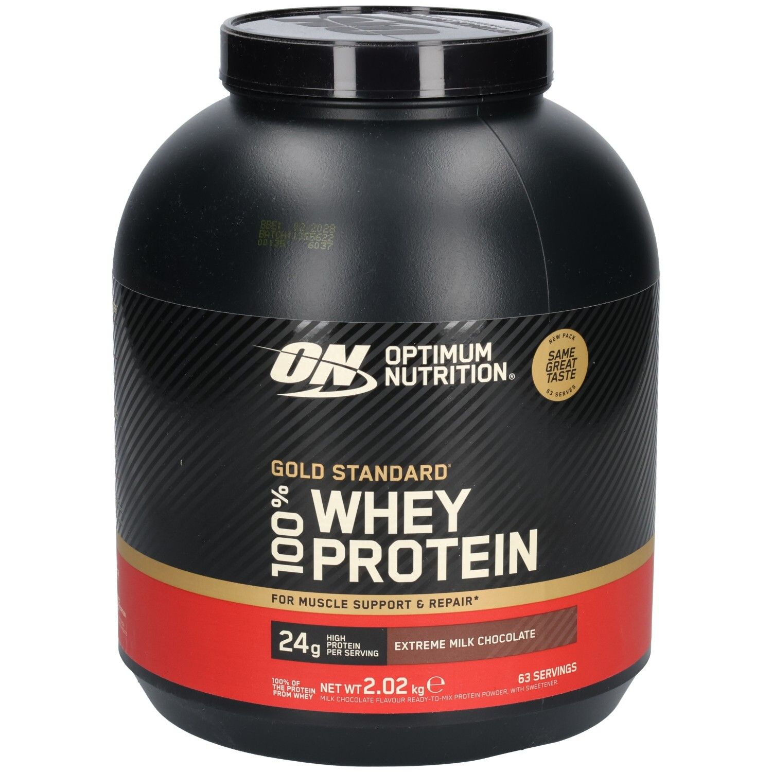 Boîte noire avec bande rouge. Inscription: Gold Standard 100% Whey Protein. Goût: Extreme Milk Chocolate. Marque: Optimum Nutrition.