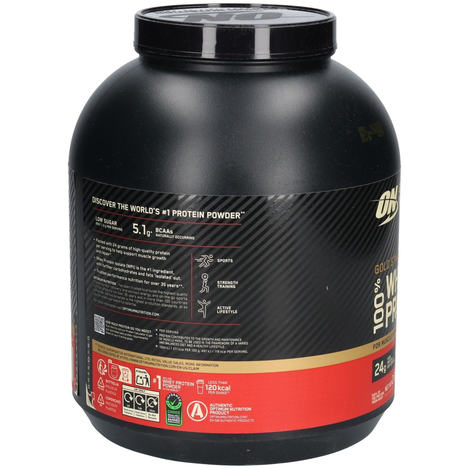 Dos de la boîte noire. Informations sur les protéines, BCAA et valeurs nutritionnelles. Marque: Optimum Nutrition. Avec certifications.