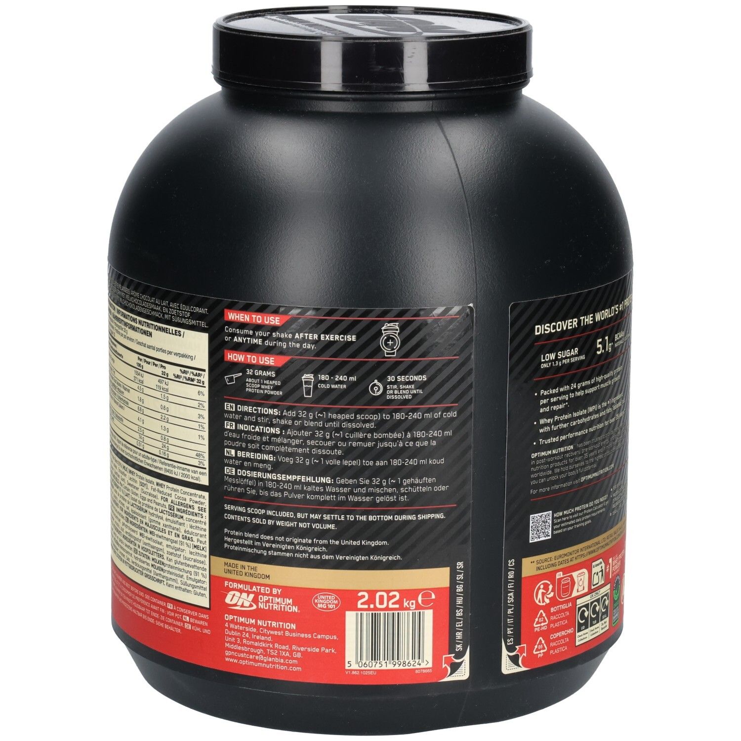 Dos de la boîte noire. Instructions d'utilisation et informations nutritionnelles. Marque: Optimum Nutrition. Fabriqué au Royaume-Uni.