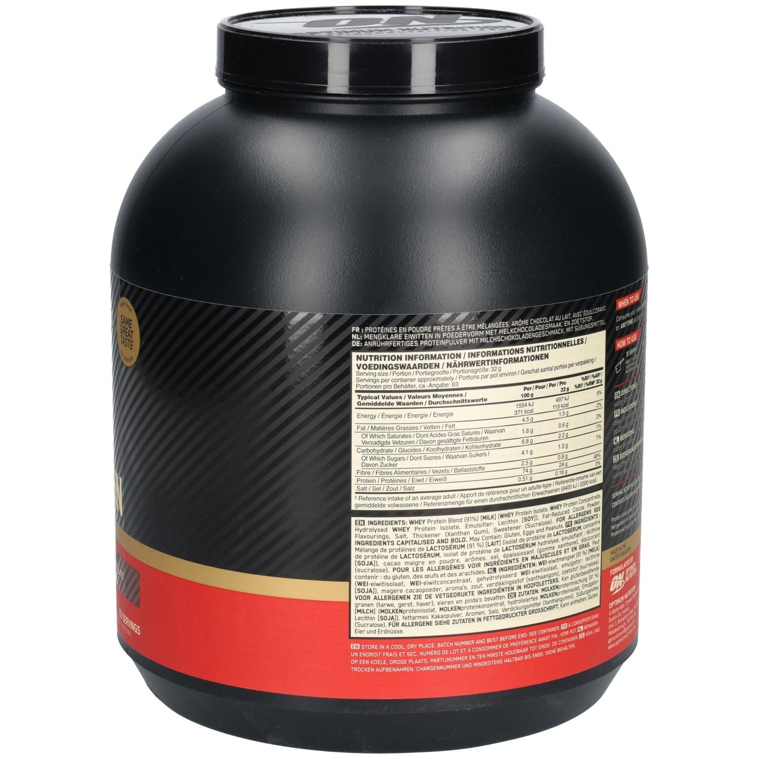 Dos de la boîte noire. Informations nutritionnelles et informations. Marque: Optimum Nutrition. Avec certifications.