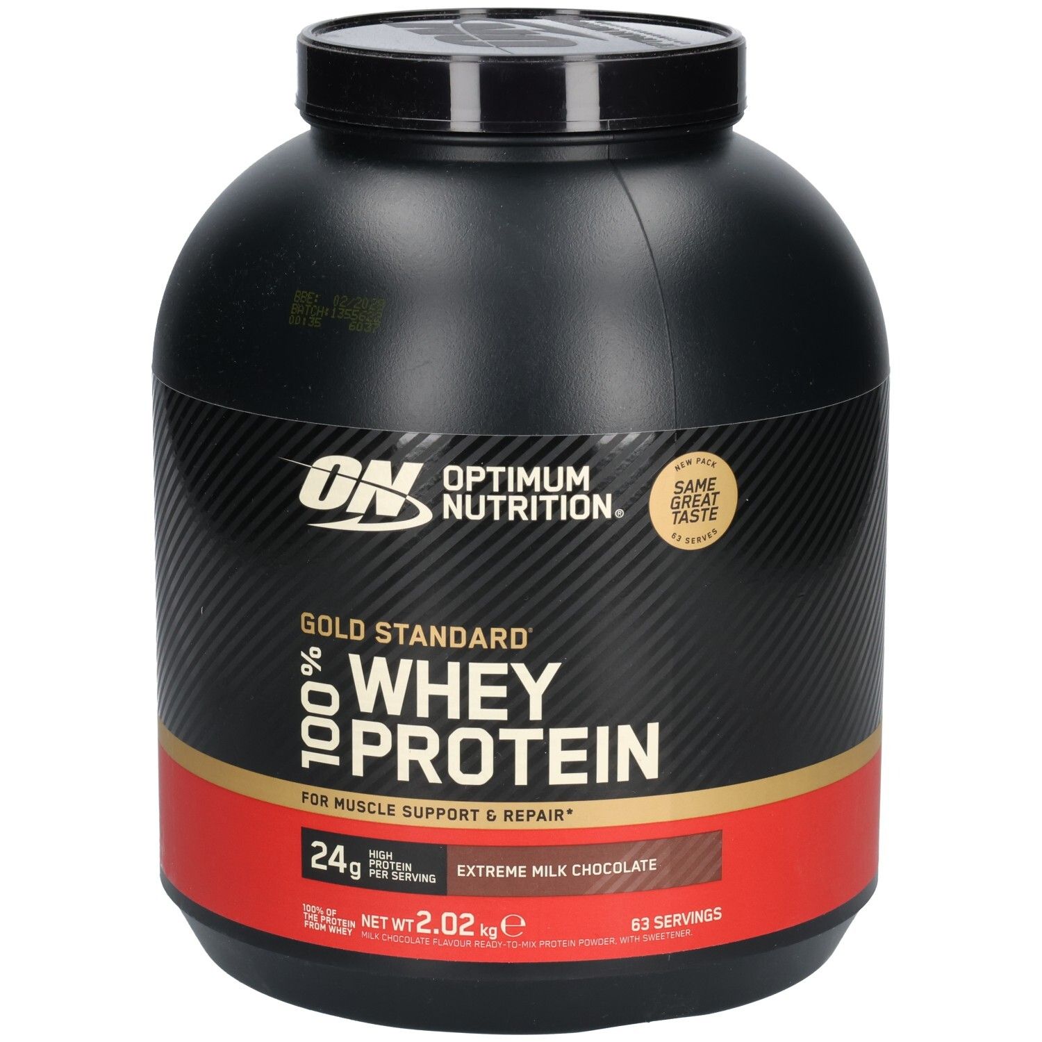 Boîte noire avec bande rouge. Inscription: Gold Standard 100% Whey Protein. Goût: Extreme Milk Chocolate. Marque: Optimum Nutrition.