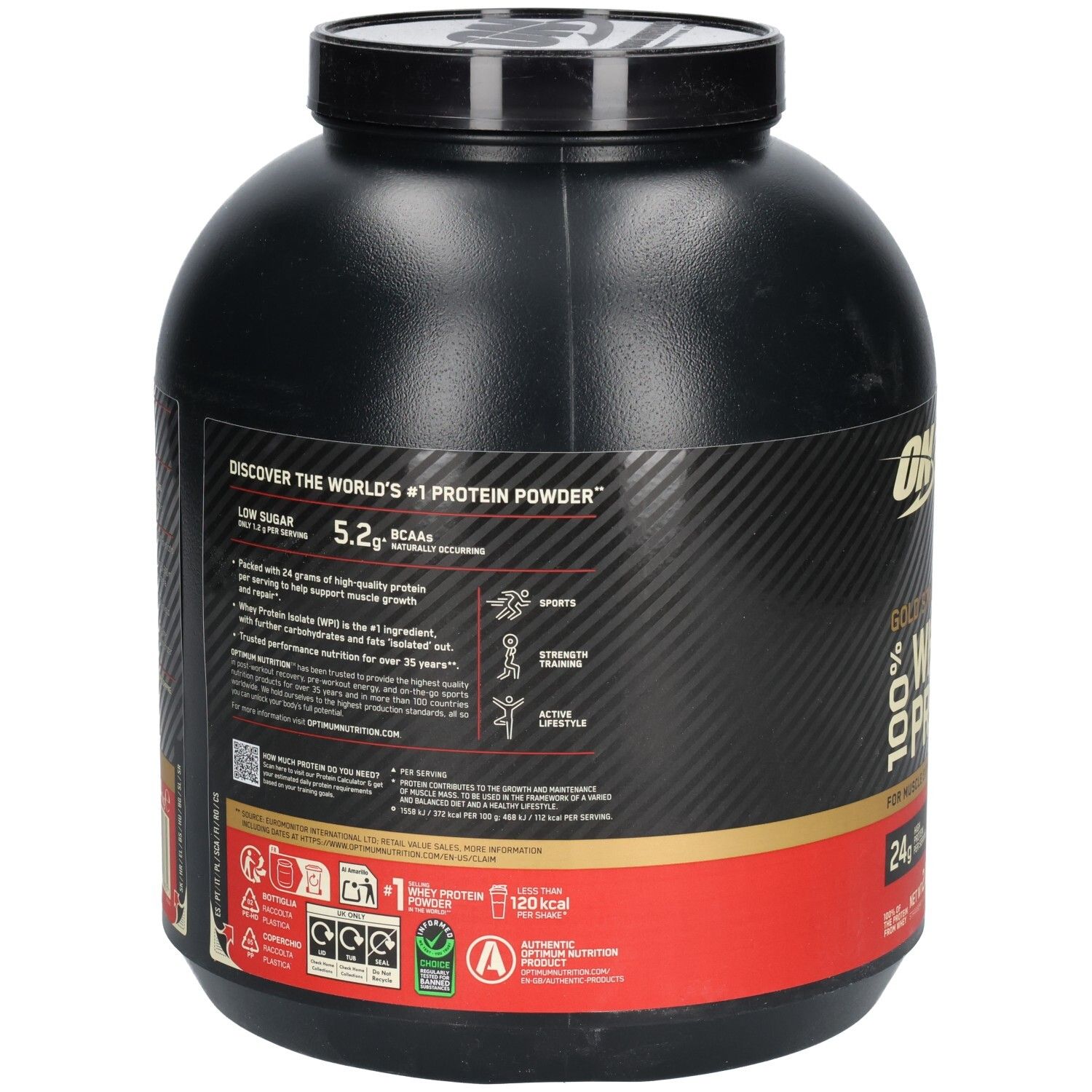 Dos du récipient noir. Texte: #1 Protein Powder. Informations sur les ingrédients, la valeur nutritionnelle et l'utilisation. Logos et certifications.