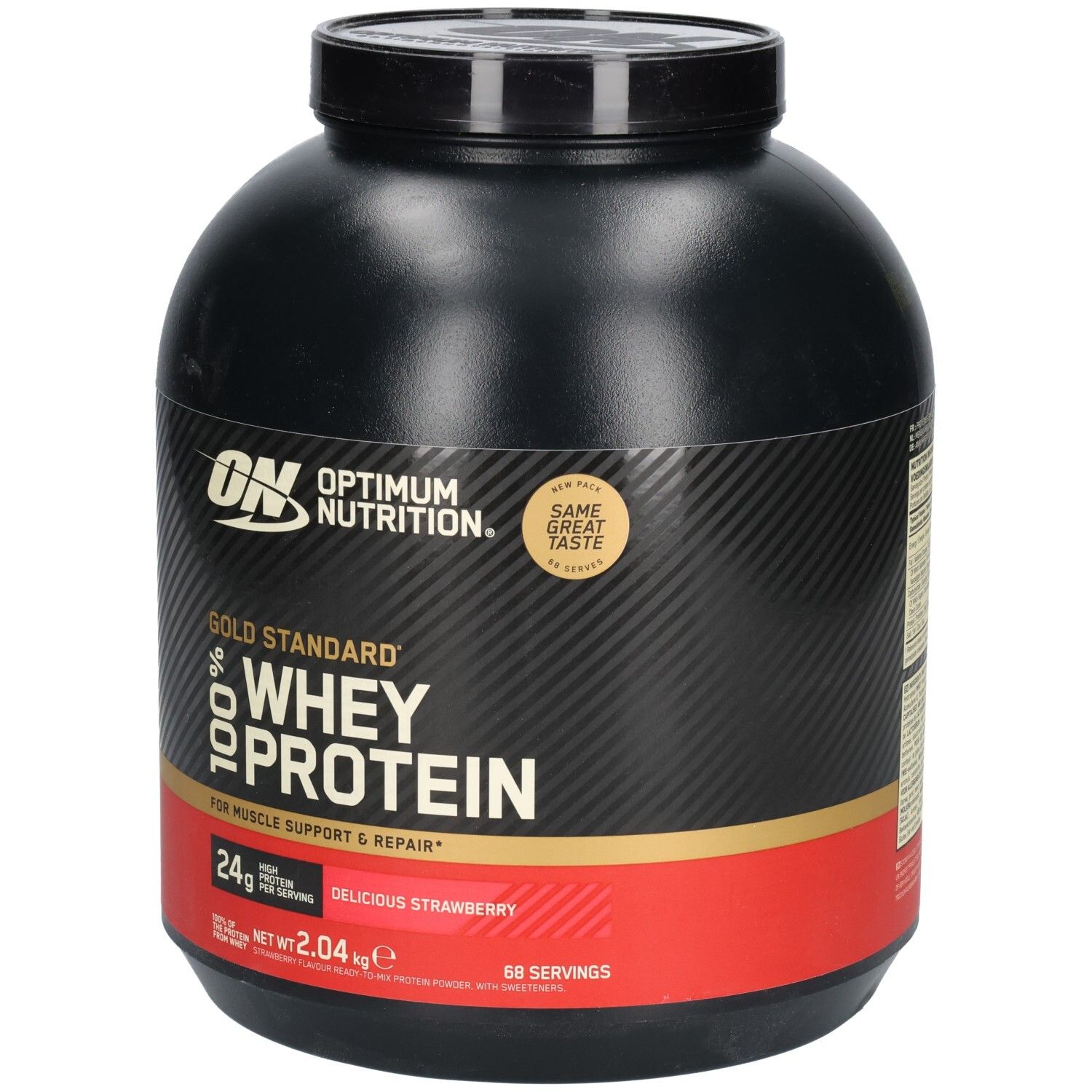 Récipient noir avec bande rouge. Inscription: Optimum Nutrition, Gold Standard 100% Whey Protein. Goût: Delicious Strawberry.