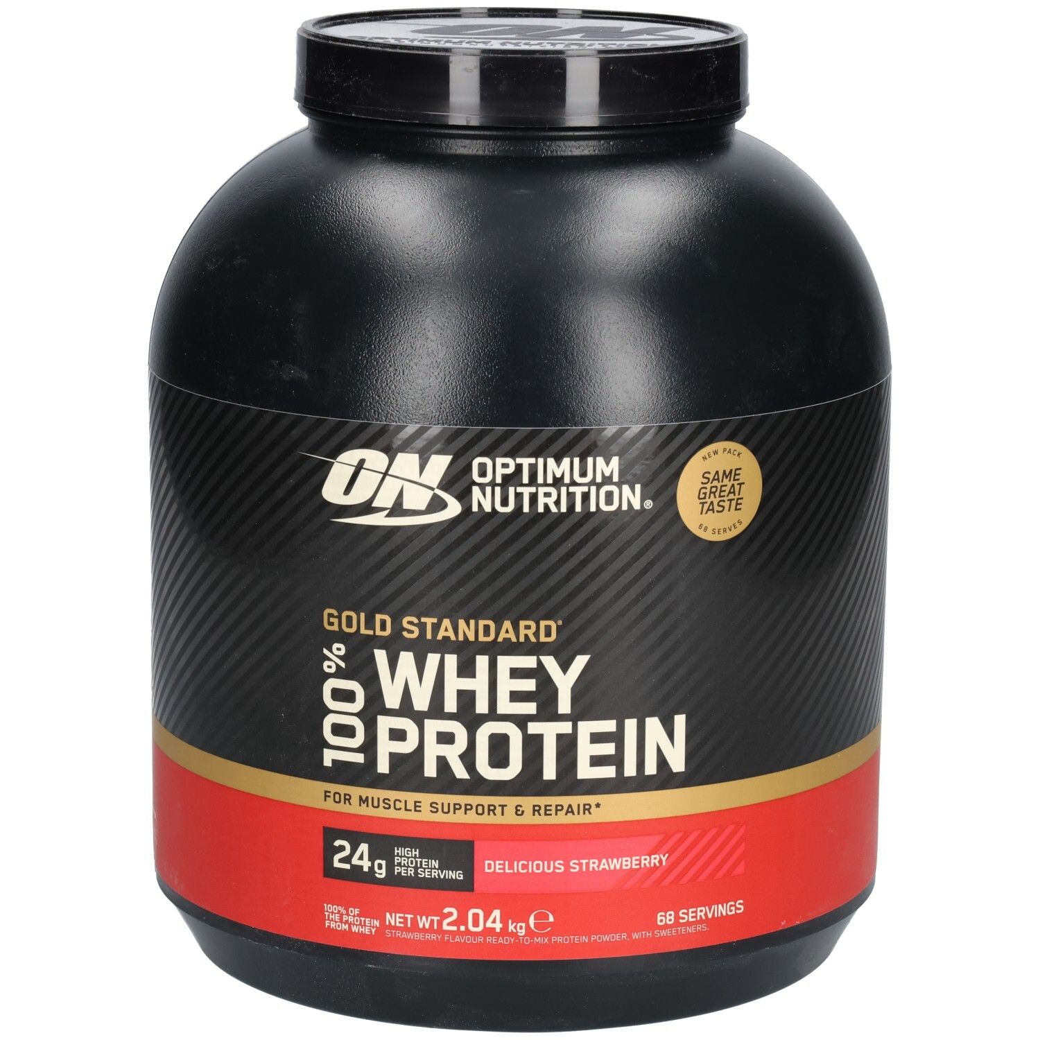 Récipient noir avec bande rouge. Inscription: Optimum Nutrition, Gold Standard 100% Whey Protein. Goût: Delicious Strawberry.