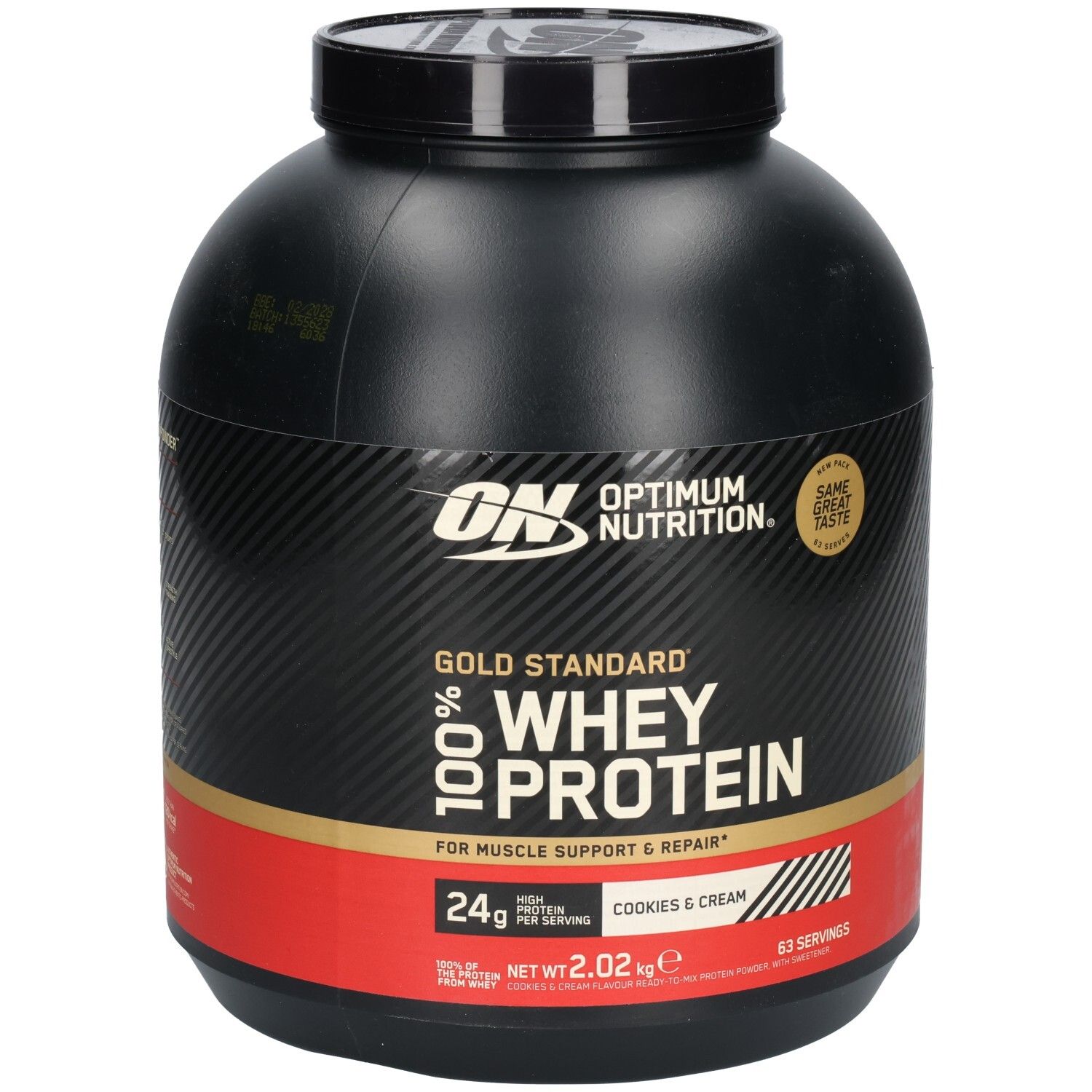 Pot noir de Gold Standard 100% Whey Protein. Bande rouge avec texte. Marque: Optimum Nutrition.