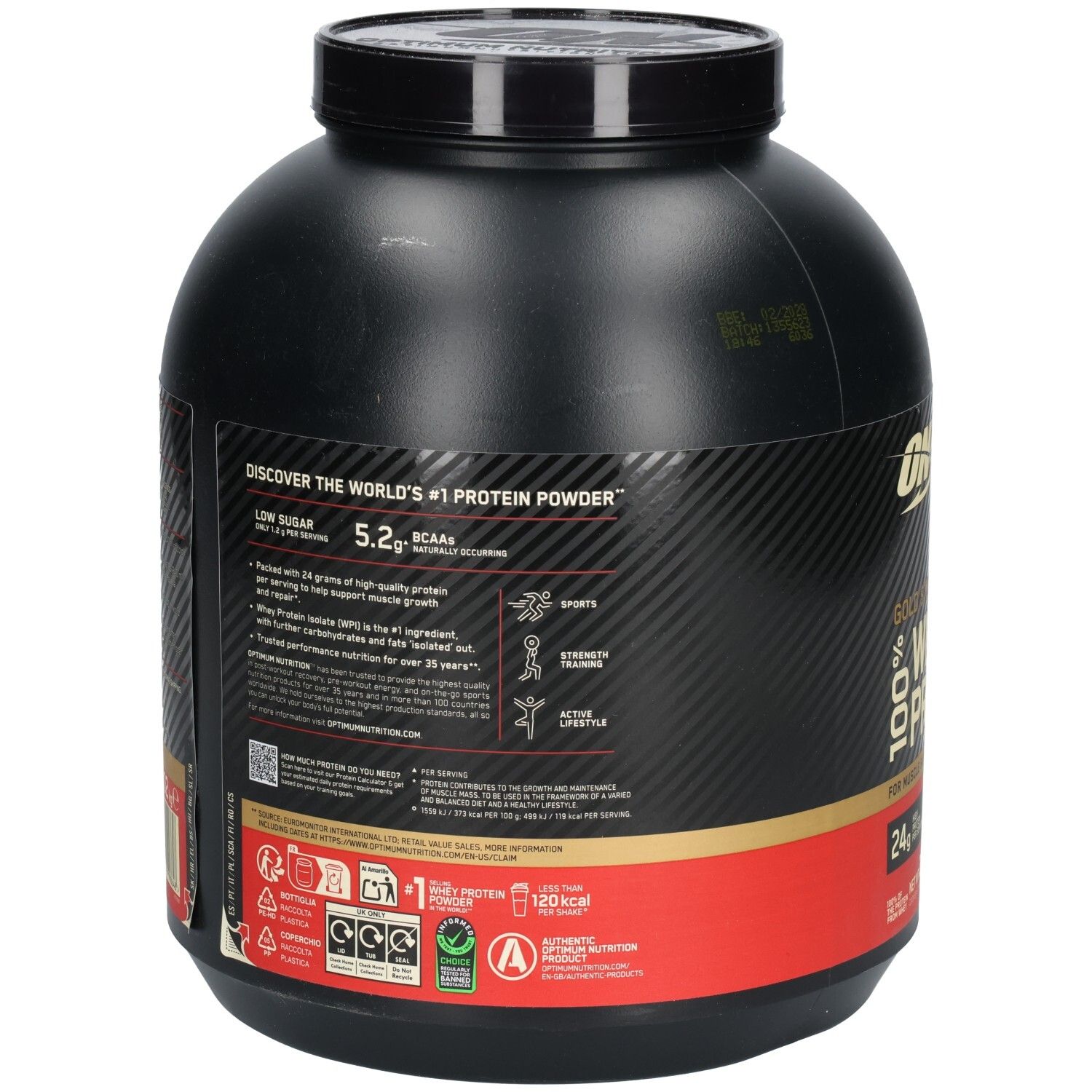 Dos du pot noir Gold Standard 100% Whey Protein. Texte avec informations nutritionnelles et produit.