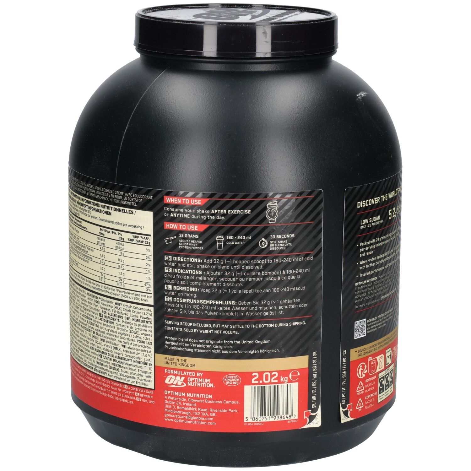 Dos du pot noir Gold Standard 100% Whey Protein. Texte avec instructions d'utilisation et informations nutritionnelles.
