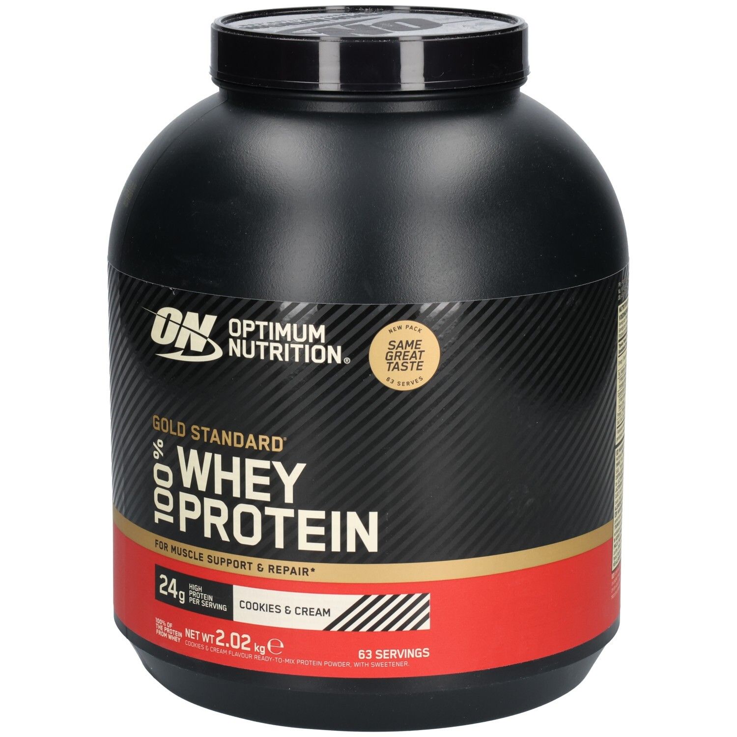 Pot noir Gold Standard 100% Whey Protein. Bande rouge avec texte. Marque: Optimum Nutrition. Goût: Cookies & Cream.