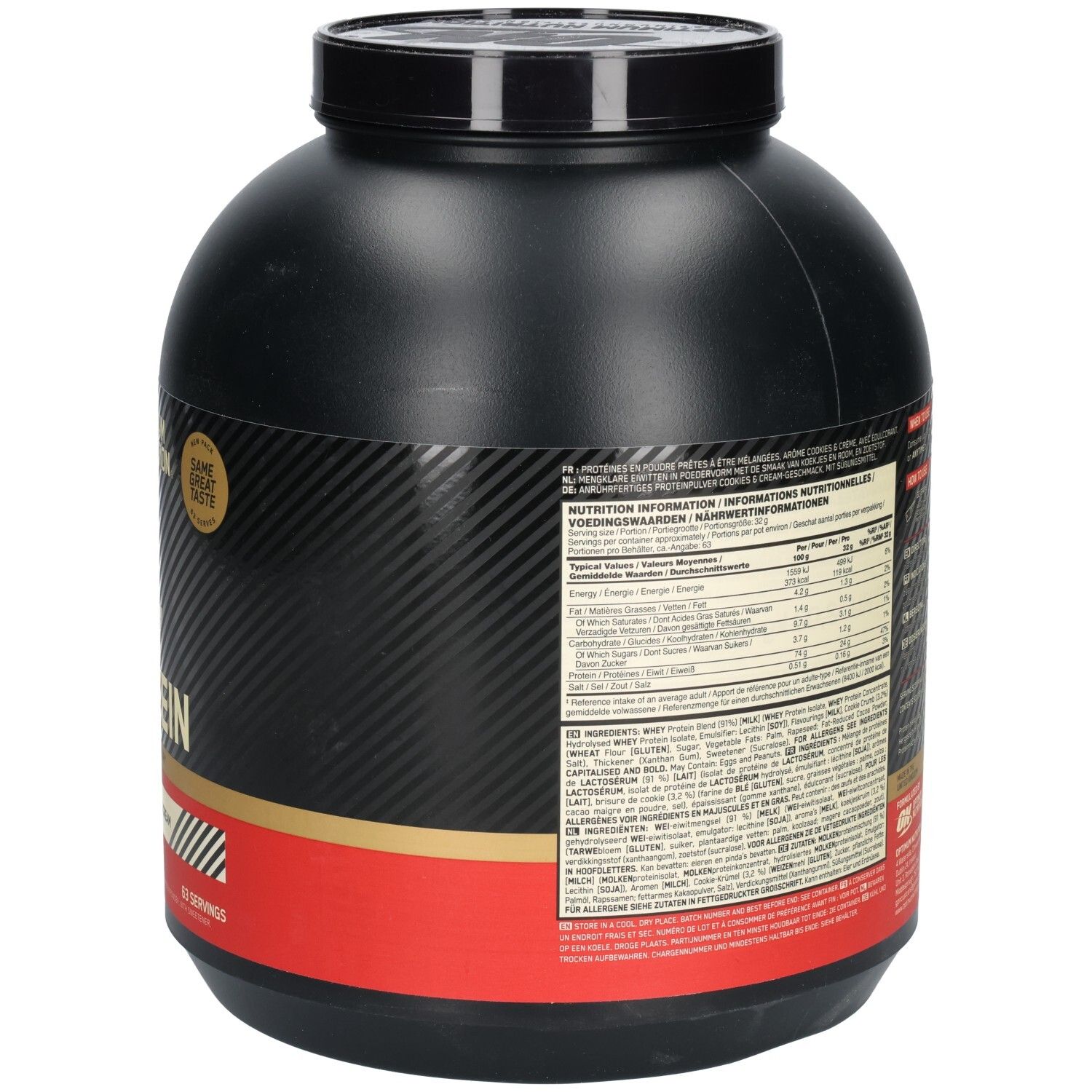 Dos du pot noir Gold Standard 100% Whey Protein. Texte avec informations nutritionnelles et produit.