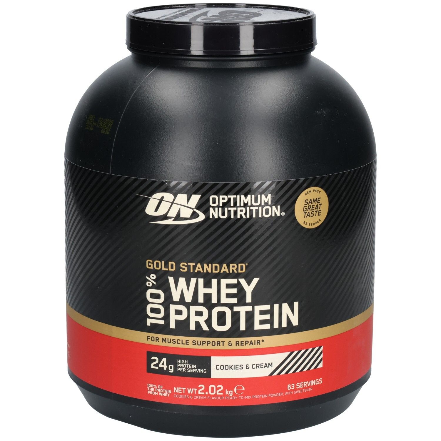 Pot noir Gold Standard 100% Whey Protein. Bande rouge avec texte. Marque: Optimum Nutrition. Goût: Cookies & Cream.