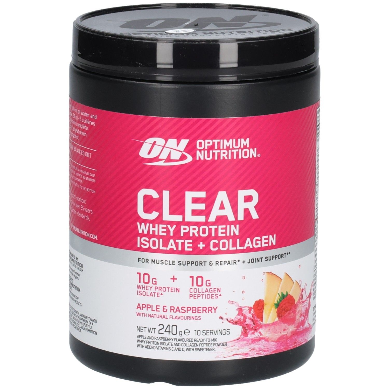 Boîte noire avec étiquette rose. Inscription : Optimum Nutrition Clear Whey Protein Isolate + Collagen. Saveur : Apple & Raspberry.