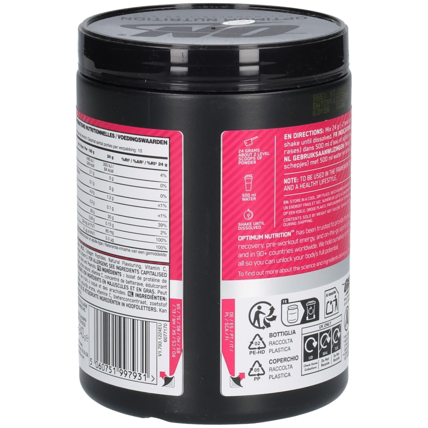 Côté de la boîte noire. Étiquette rose avec texte. Contient des informations nutritionnelles et des informations sur les ingrédients.