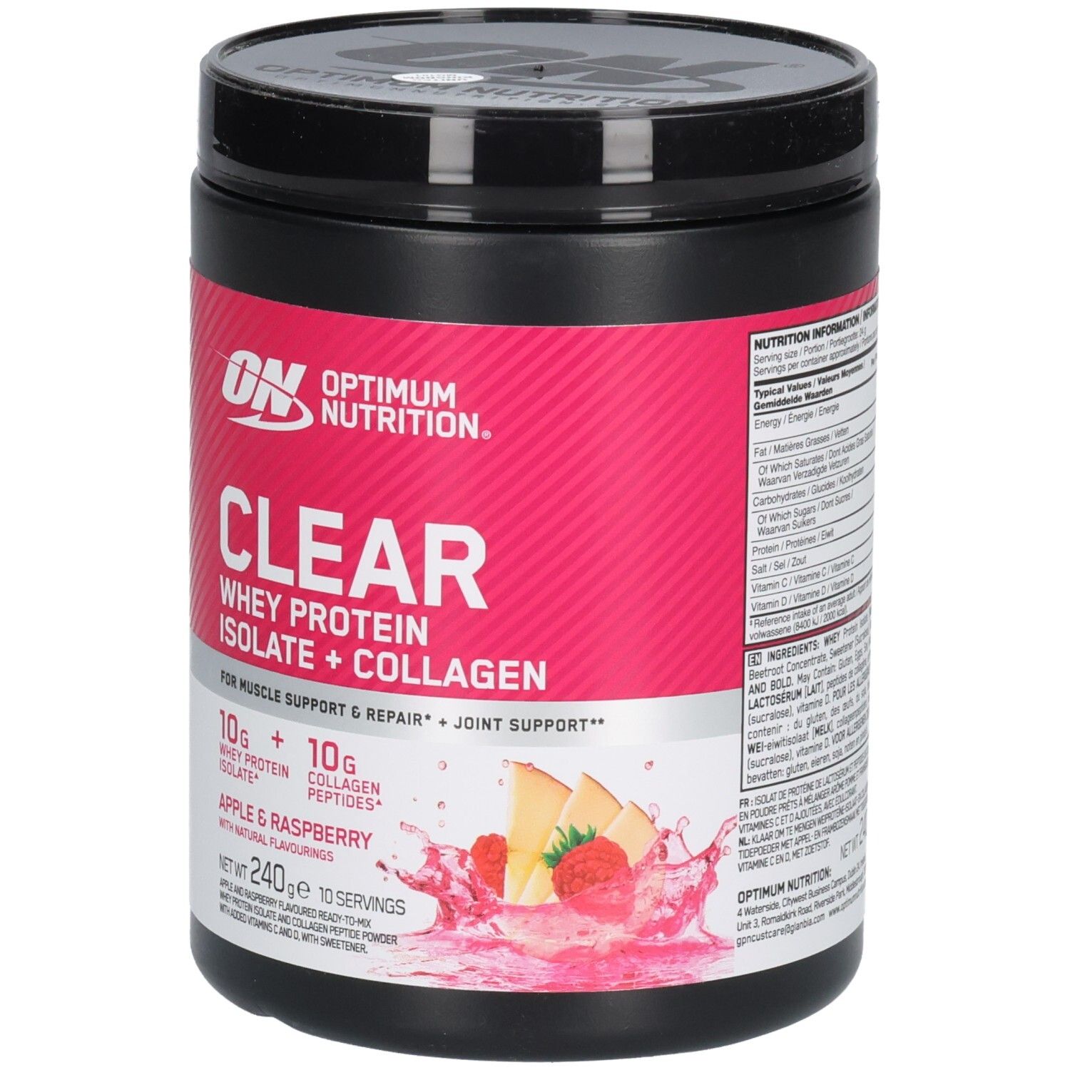 Boîte noire avec étiquette rose. Inscription : Optimum Nutrition Clear Whey Protein Isolate + Collagen. Saveur : Apple & Raspberry.
