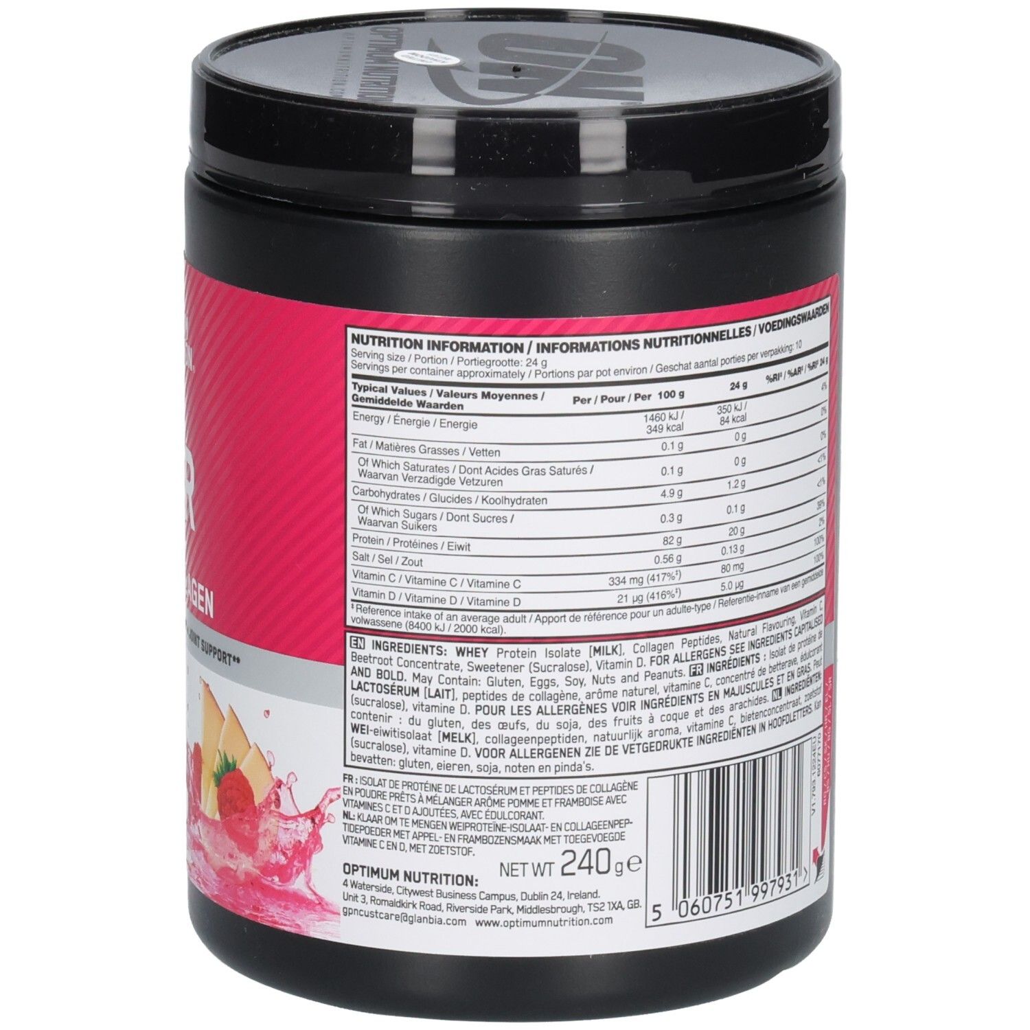 Côté de la boîte noire. Étiquette rose avec texte. Contient des informations nutritionnelles et des informations sur les ingrédients.