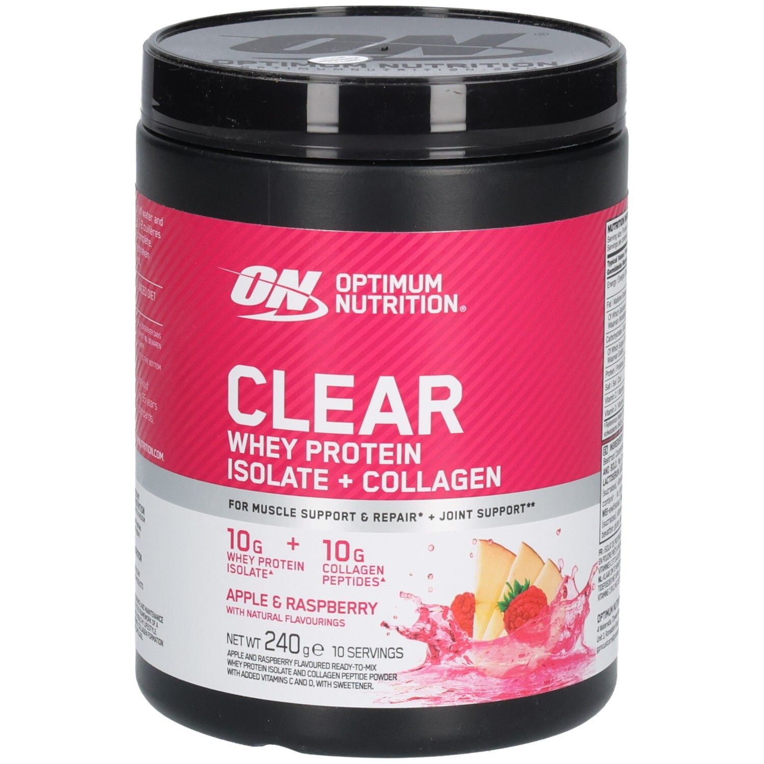 Boîte noire avec étiquette rose. Inscription : Optimum Nutrition Clear Whey Protein Isolate + Collagen. Saveur : Apple & Raspberry.