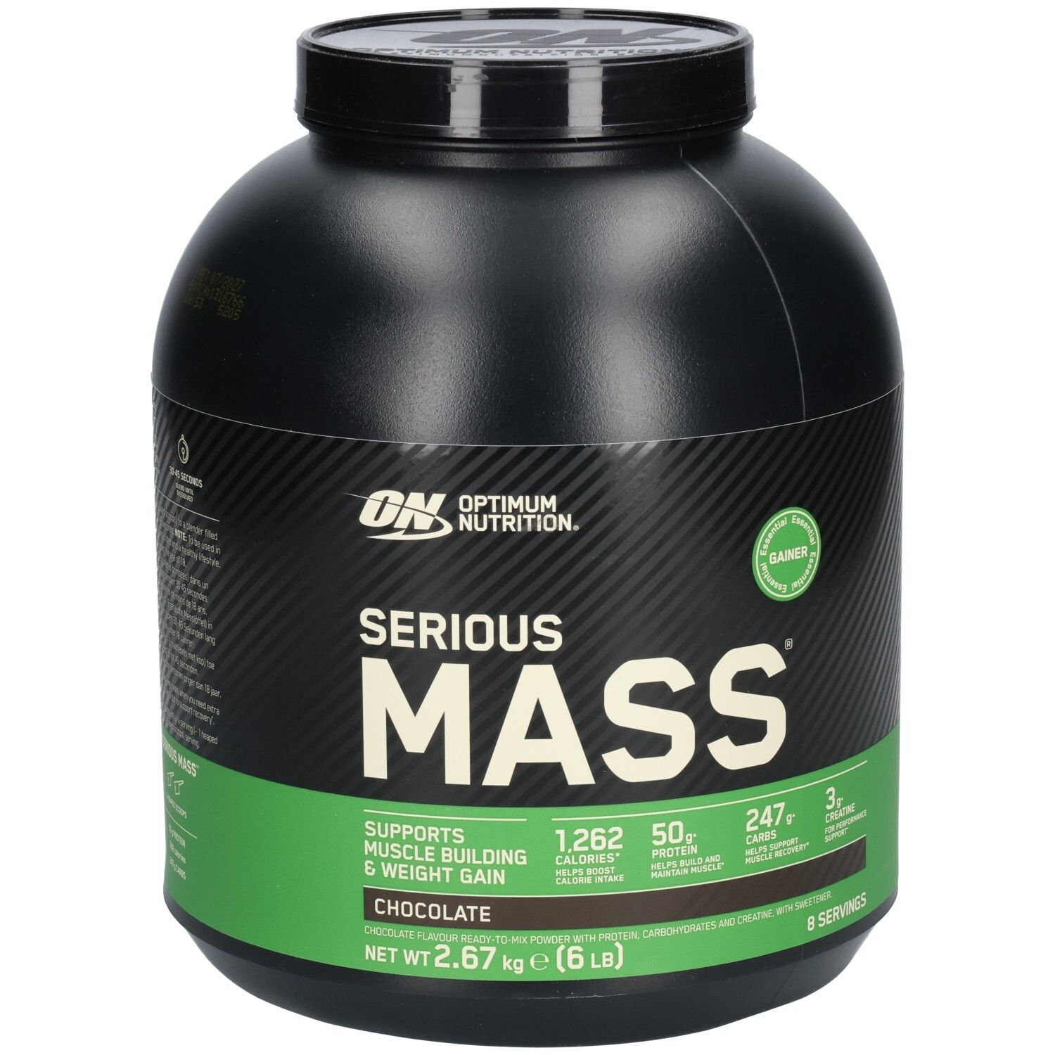 Récipient noir "Serious Mass". Accents verts et blancs. Informations sur les calories et les ingrédients. Saveur chocolat.