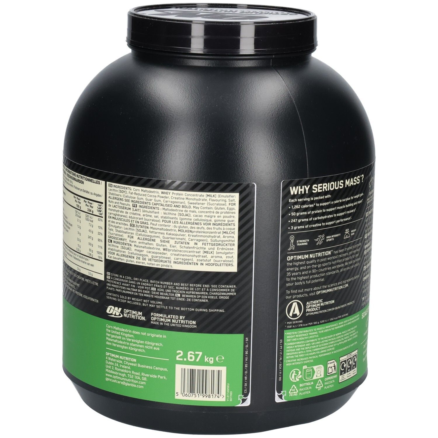Dos du récipient noir. Informations sur les ingrédients et valeurs nutritionnelles. Accents verts et blancs.