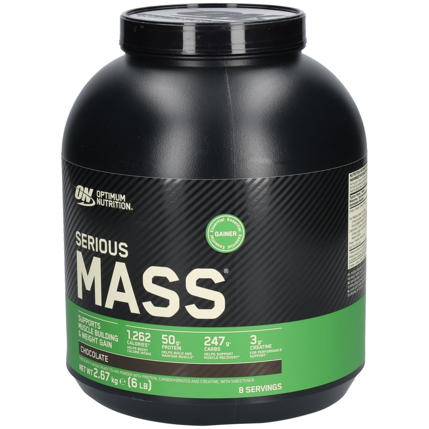 Récipient noir "Serious Mass". Accents verts et blancs. Informations sur les calories et ingrédients. Saveur chocolat.