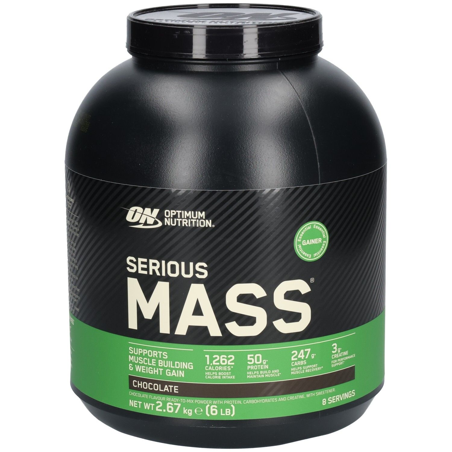 Récipient noir "Serious Mass". Accents verts et blancs. Informations sur les calories et ingrédients. Saveur chocolat.