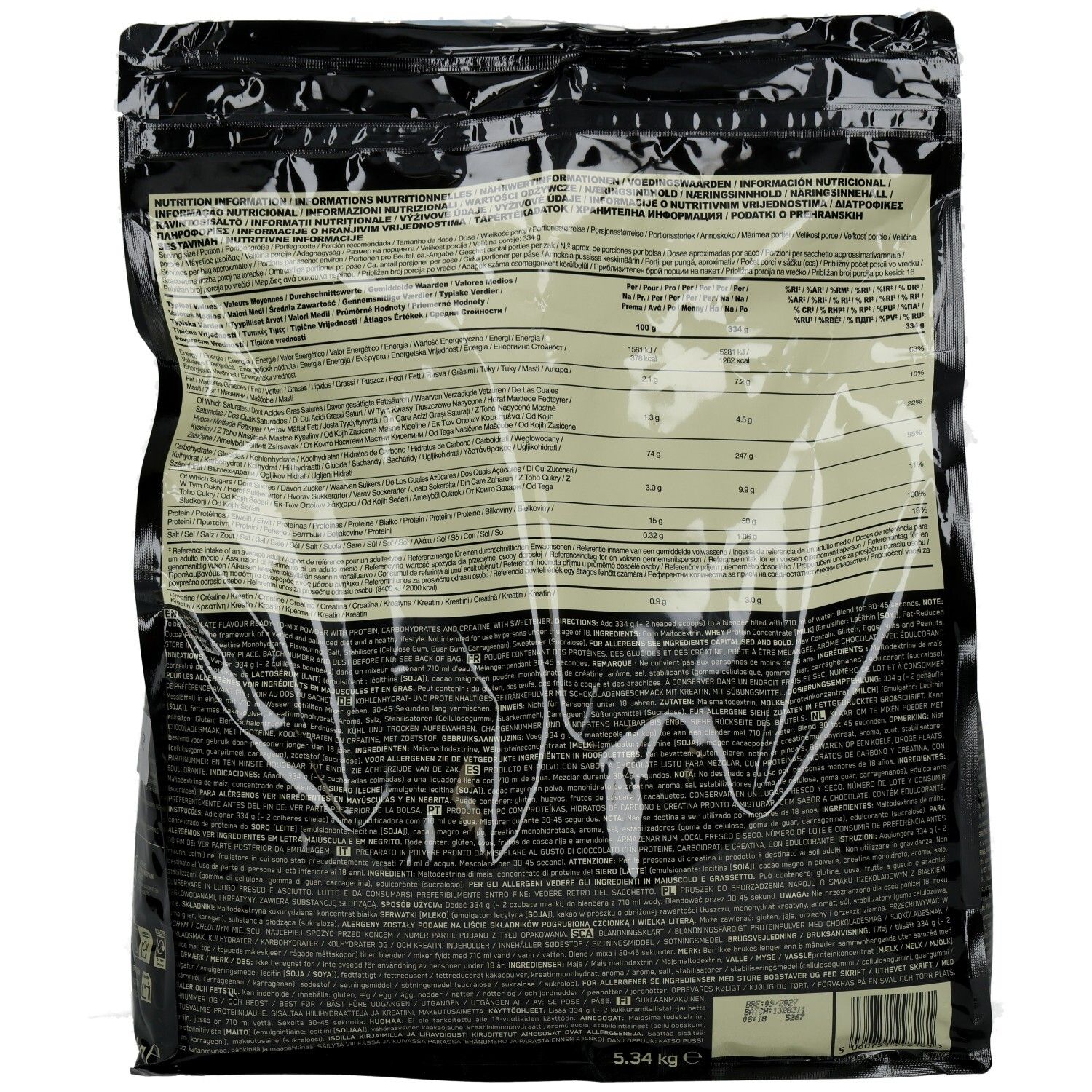 Emballage noir avec informations nutritionnelles. Texte multilingue. Poids : 5,34 kg.