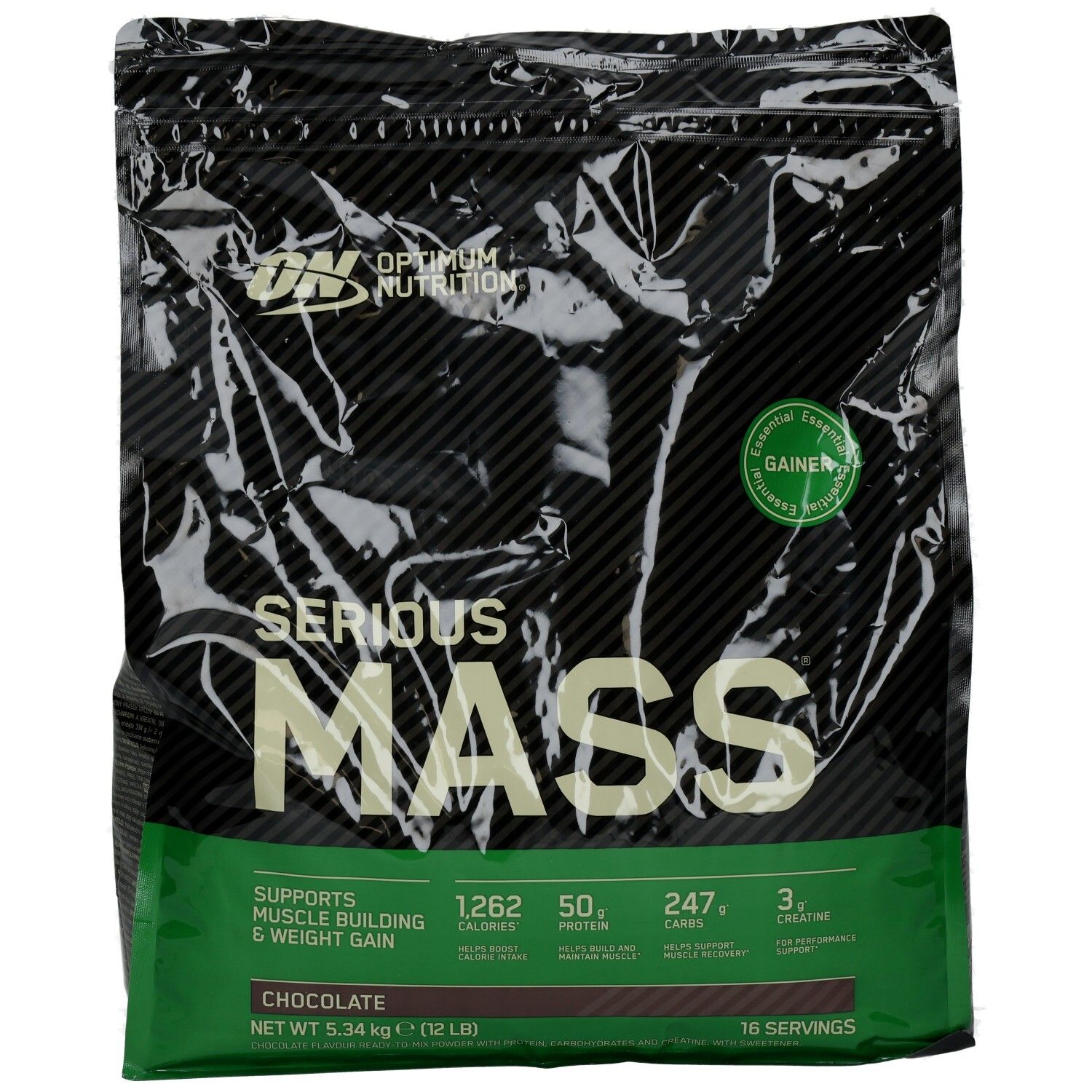 Sac noir avec le nom du produit 'Serious Mass' et 'Optimum Nutrition'. Goût chocolat.