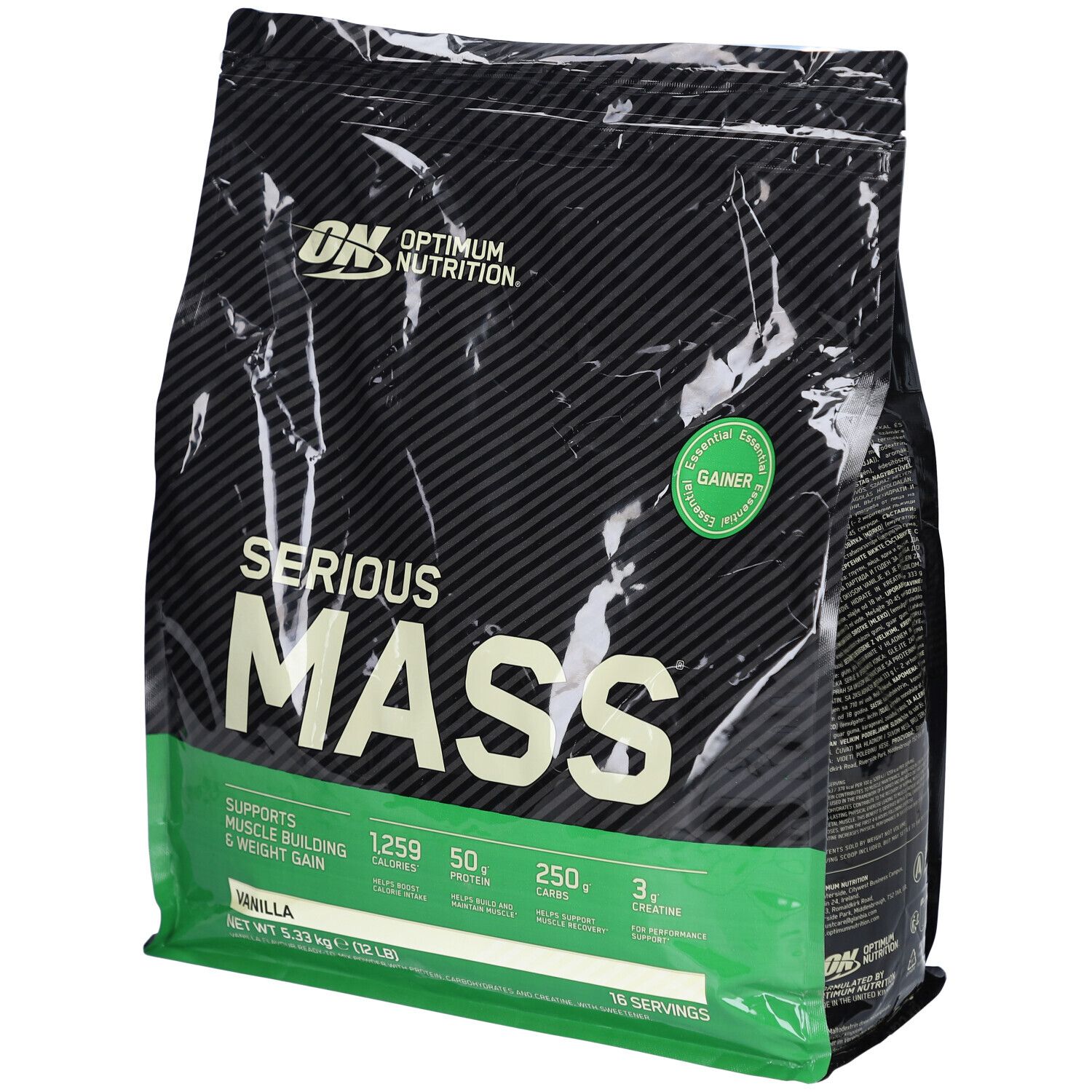 Sac noir "Optimum Nutrition Serious Mass Vanilla". Détails verts et blancs. Contient des informations nutritionnelles et le mot "Gainer".