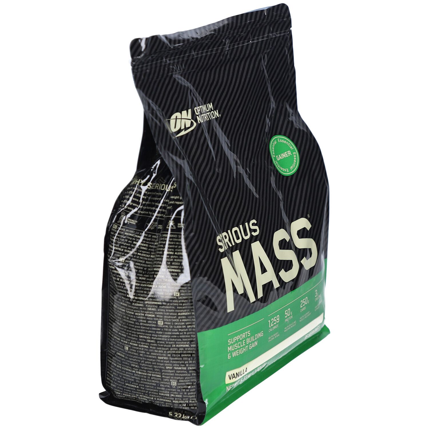 Sac noir "Optimum Nutrition Serious Mass Vanilla" en angle. Détails verts et blancs. Contient des informations nutritionnelles et "Gainer".
