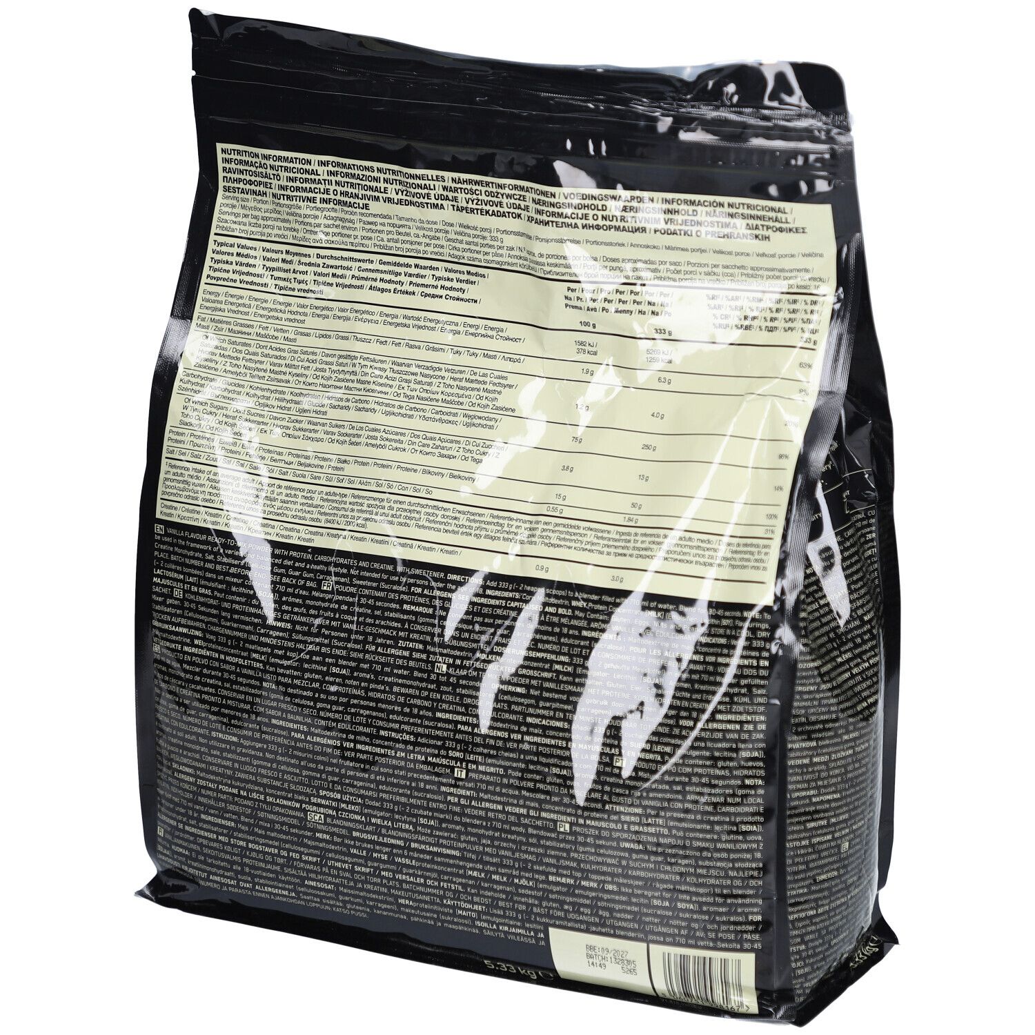 Dos du sac noir "Optimum Nutrition Serious Mass Vanilla". Texte multilingue. Contient des informations nutritionnelles.