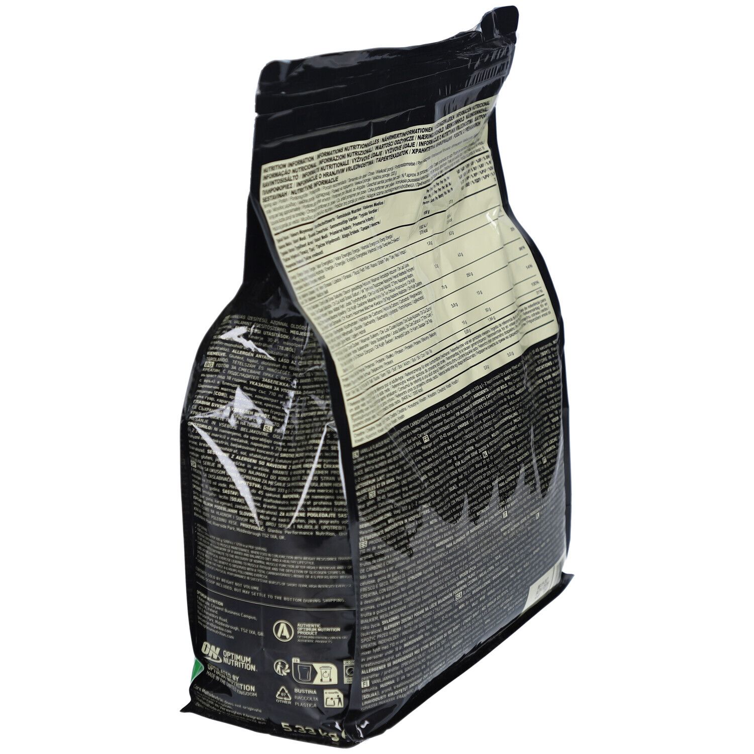 Dos du sac noir "Optimum Nutrition Serious Mass Vanilla" en angle. Texte multilingue. Informations nutritionnelles.