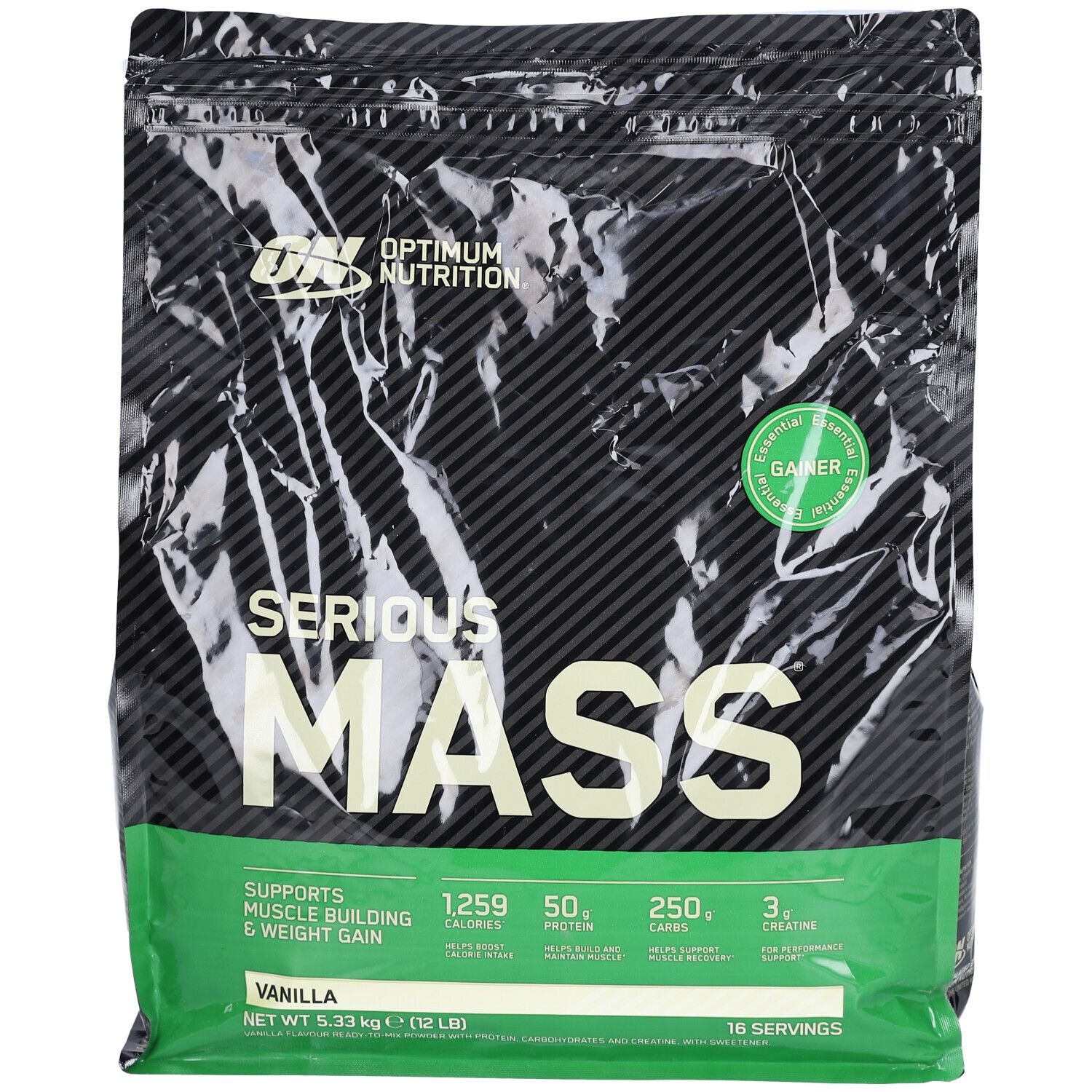 Sac noir "Optimum Nutrition Serious Mass Vanilla". Détails verts et blancs. Contient des informations nutritionnelles et "Gainer".
